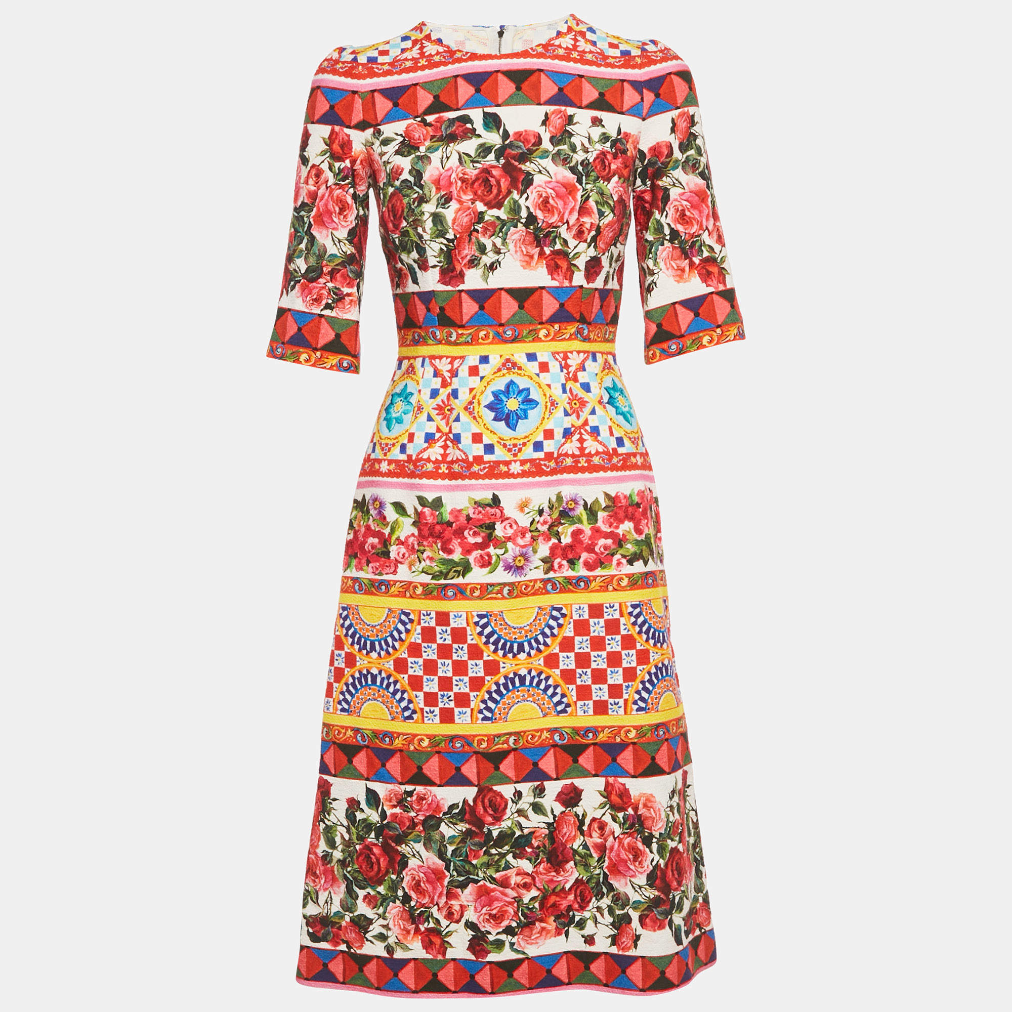 مملوكة مسبقًا Dolce & Gabbana Multicolor Carretto Roses Print Cotton Midi Dress XS