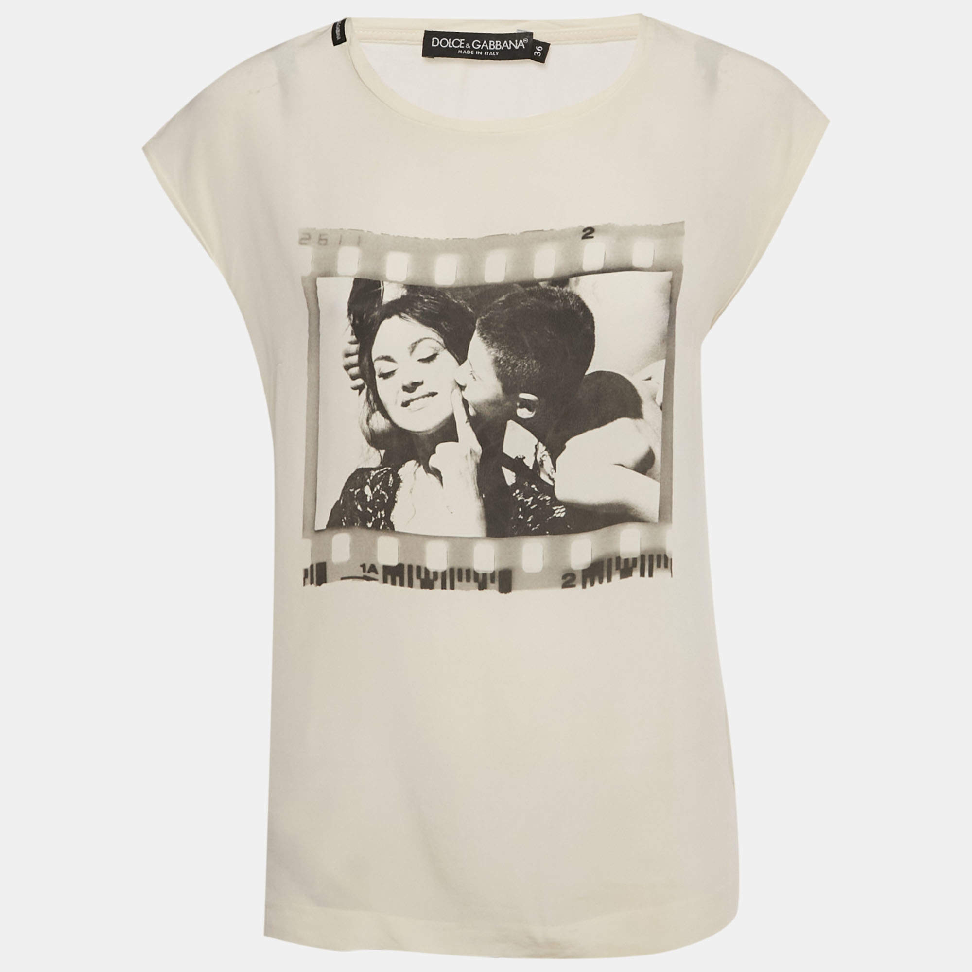 مملوكة مسبقًا Dolce & Gabbana Cream Printed Silk Sleeveless Top XS