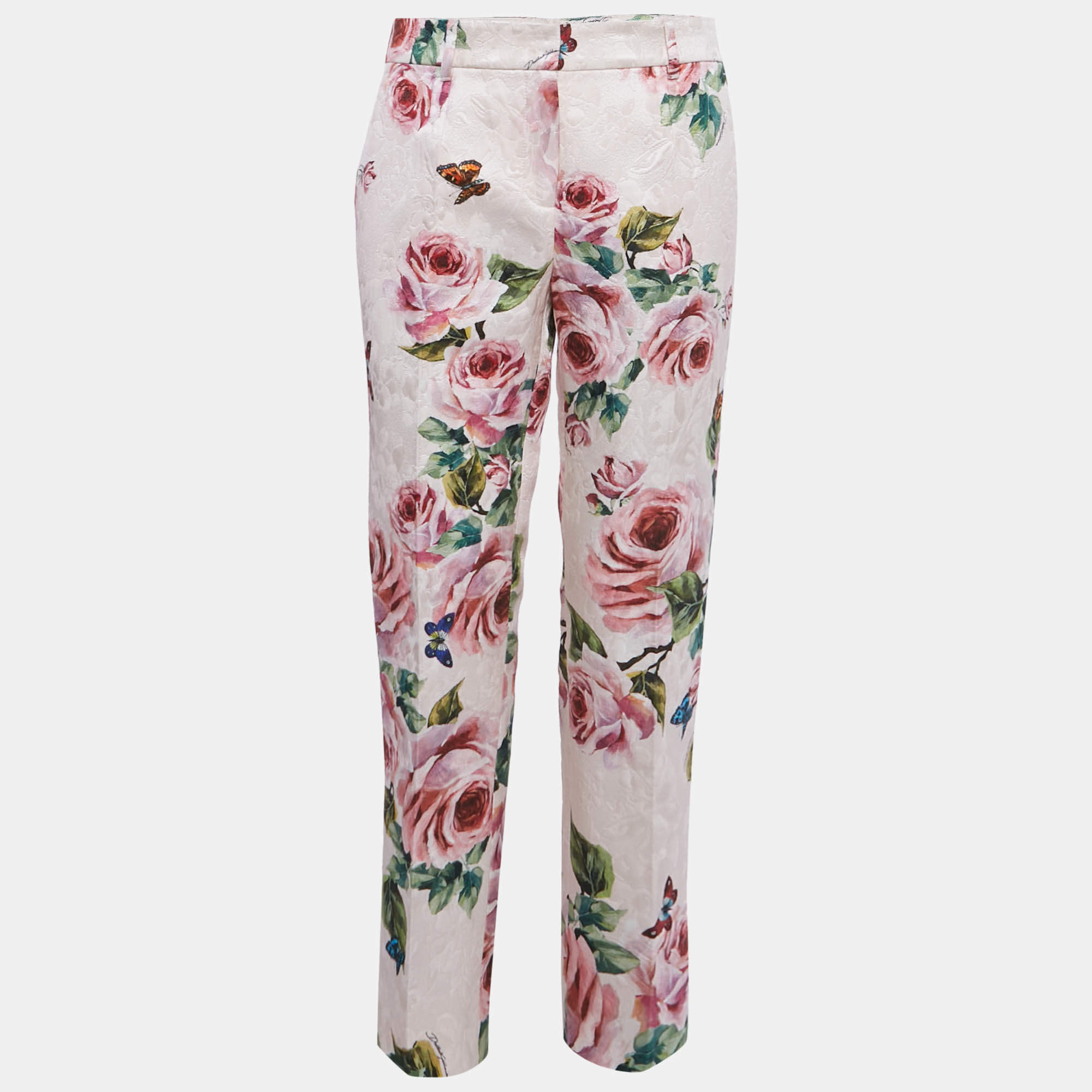 Pre Owned Dolce & Gabbana Pink Floral Print Jacquard Trousers M