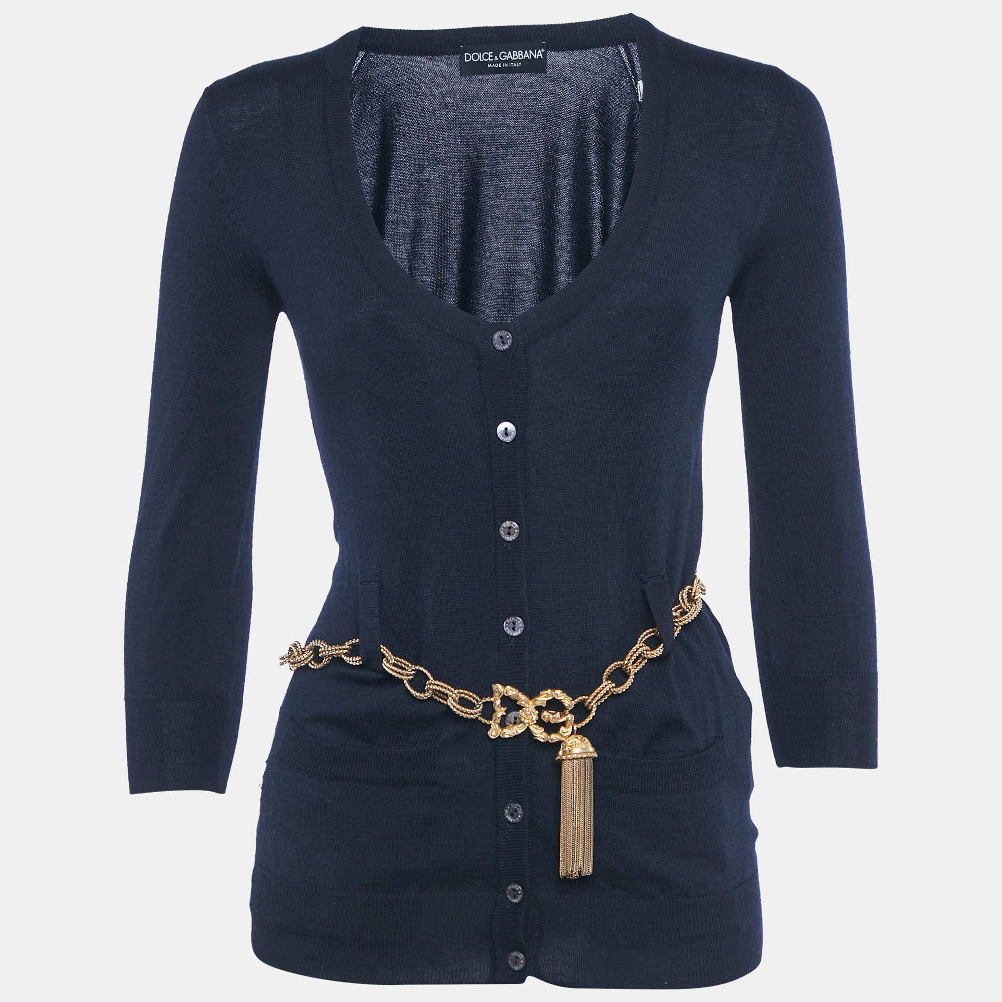 مملوكة مسبقًا Dolce & Gabbana Navy Blue Cashmere Knit Metallic Belt Cardigan S