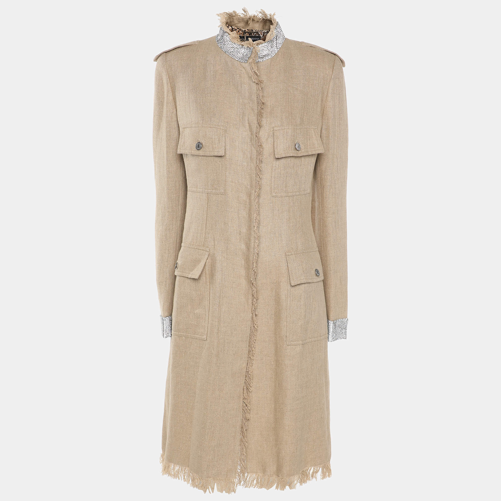 مملوكة مسبقًا Dolce & Gabbana Beige Linen and Crystal Embellished Coat M