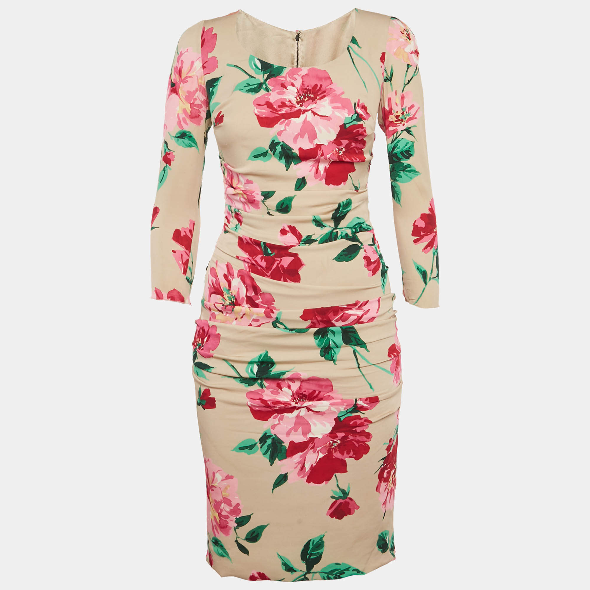 مملوكة مسبقًا Dolce & Gabbana Beige Floral Printed Silk Ruched Midi Dress S