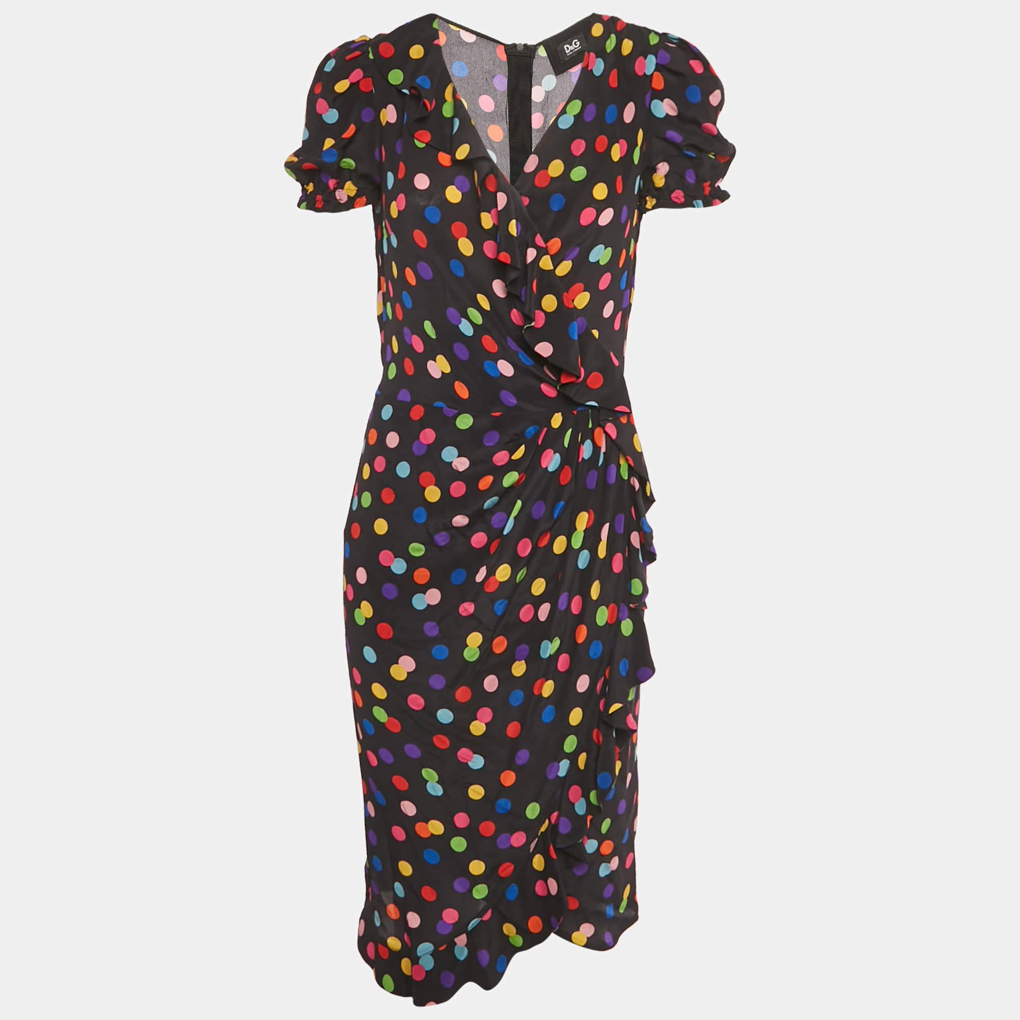 Pre Owned Dolce & Gabbana Black Polka Dot Printed Silk Ruffled Faux Wrap Dress M