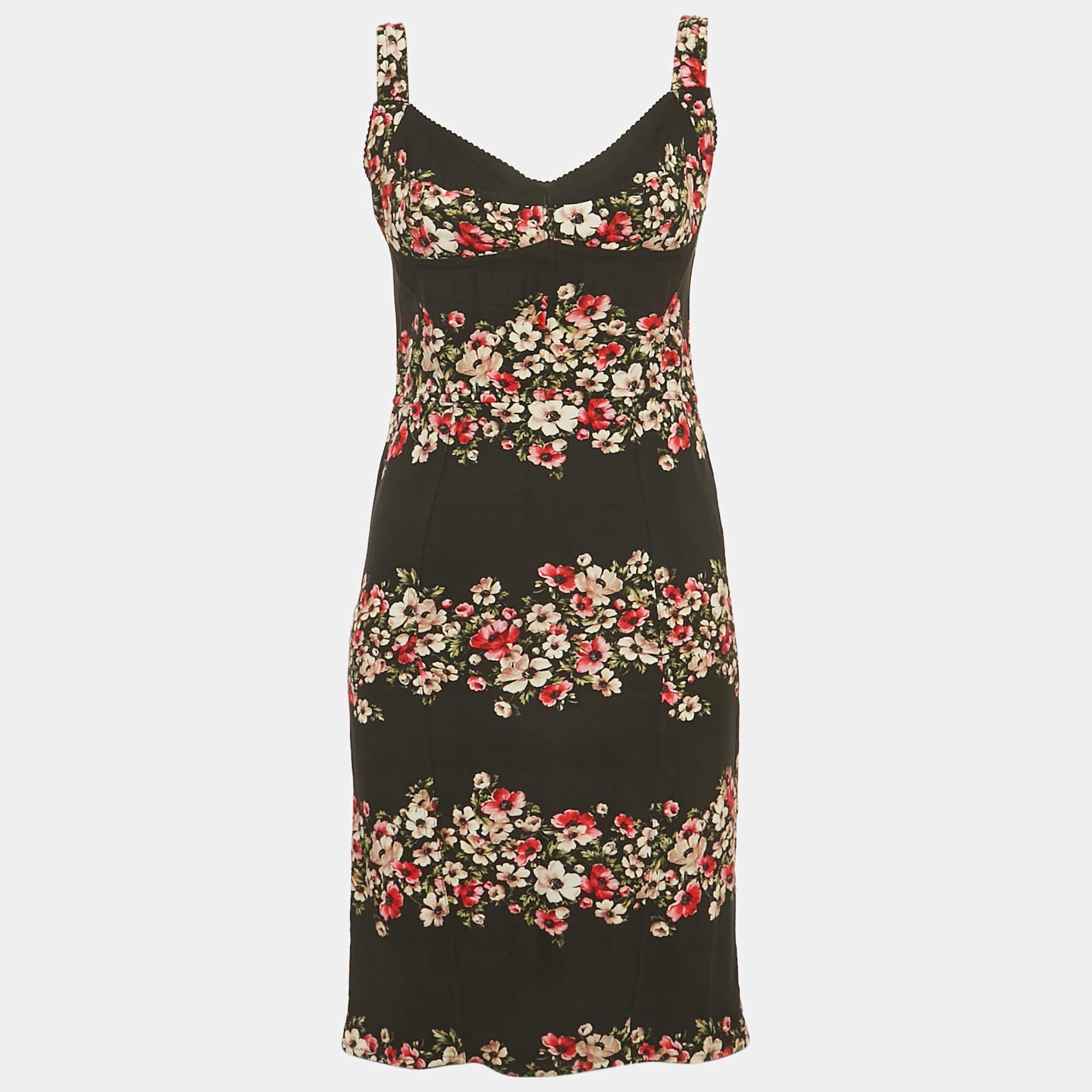 مملوكة مسبقًا Dolce & Gabbana Black Floral Print Crepe Corset Sheath Dress S