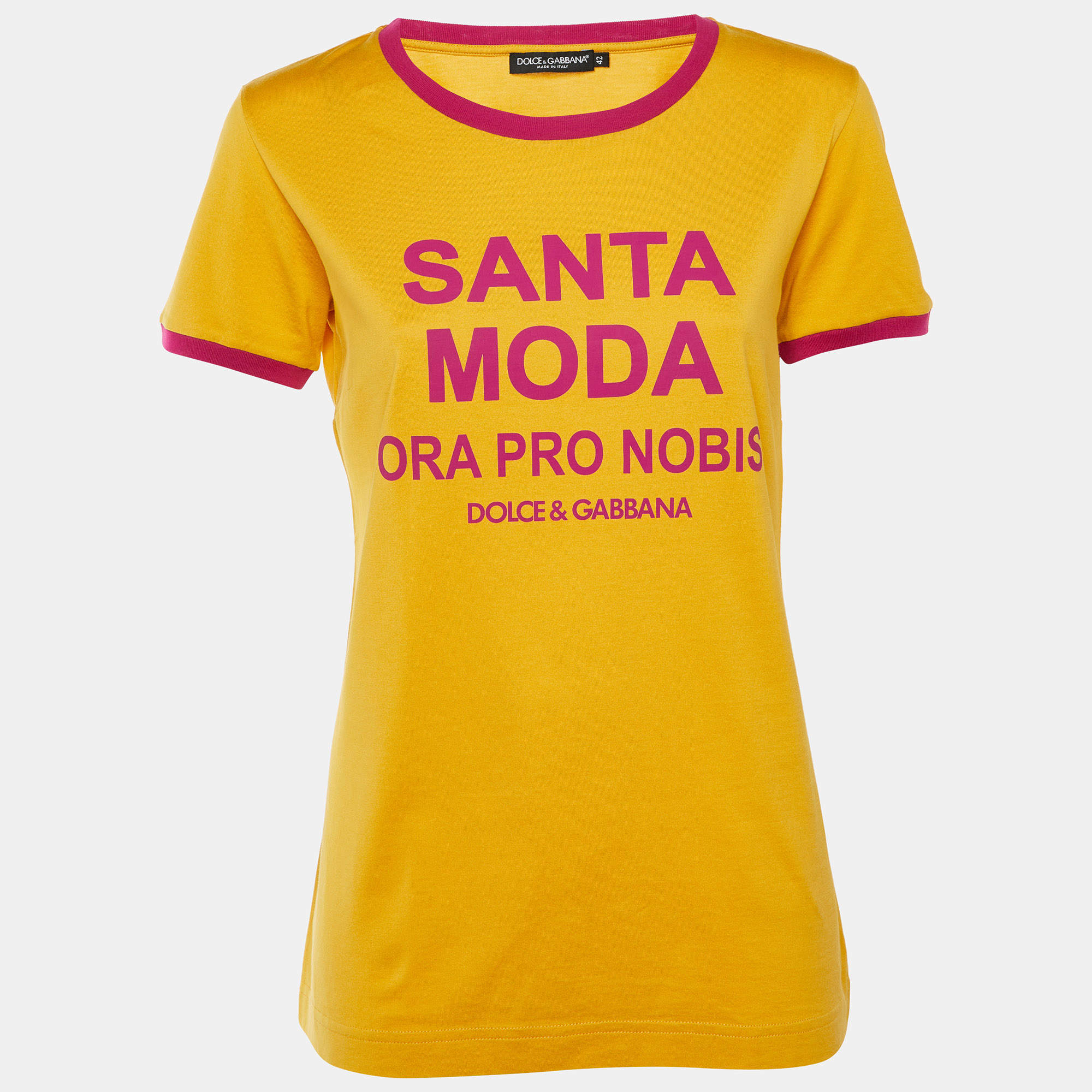Pre Owned Dolce & Gabbana Yellow Santa Moda Print Cotton Crew Neck T-Shirt M