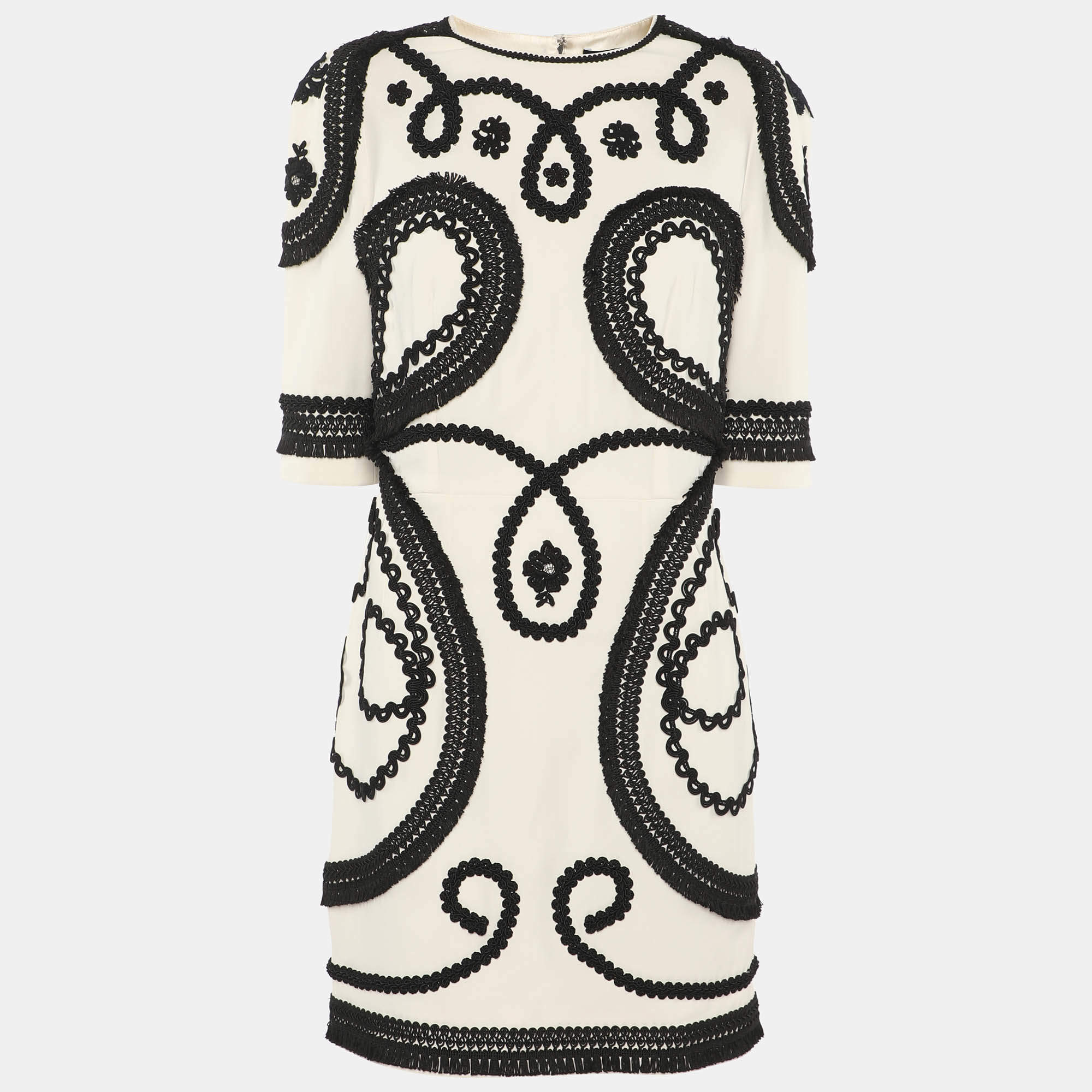 مملوكة مسبقًا Dolce & Gabbana Cream/Black Crepe Embroidered Mini Dress M