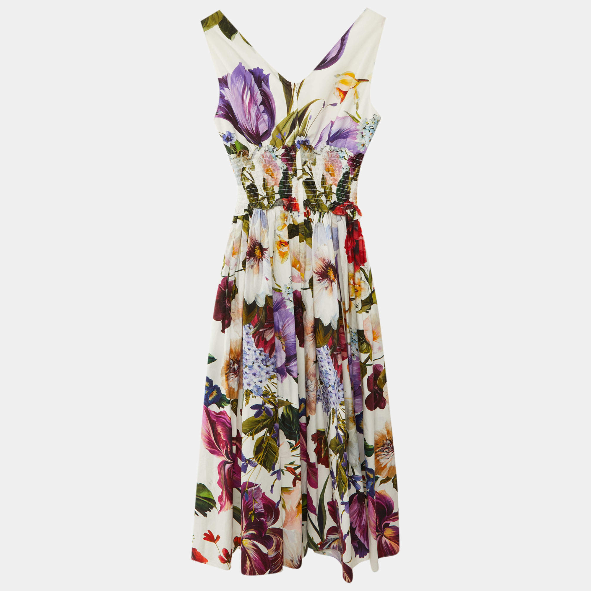 مملوكة مسبقًا Dolce & Gabbana White Floral Print Cotton Midi Dress XS