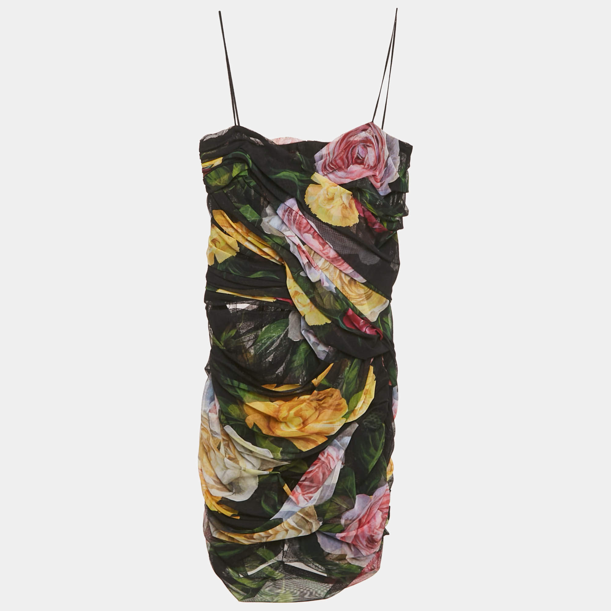 Pre Owned فستان ميني دولتشي آند غابانا تول مطبوع مورد أسود مزموم مقاس صغير جدًا (إكس سمول)