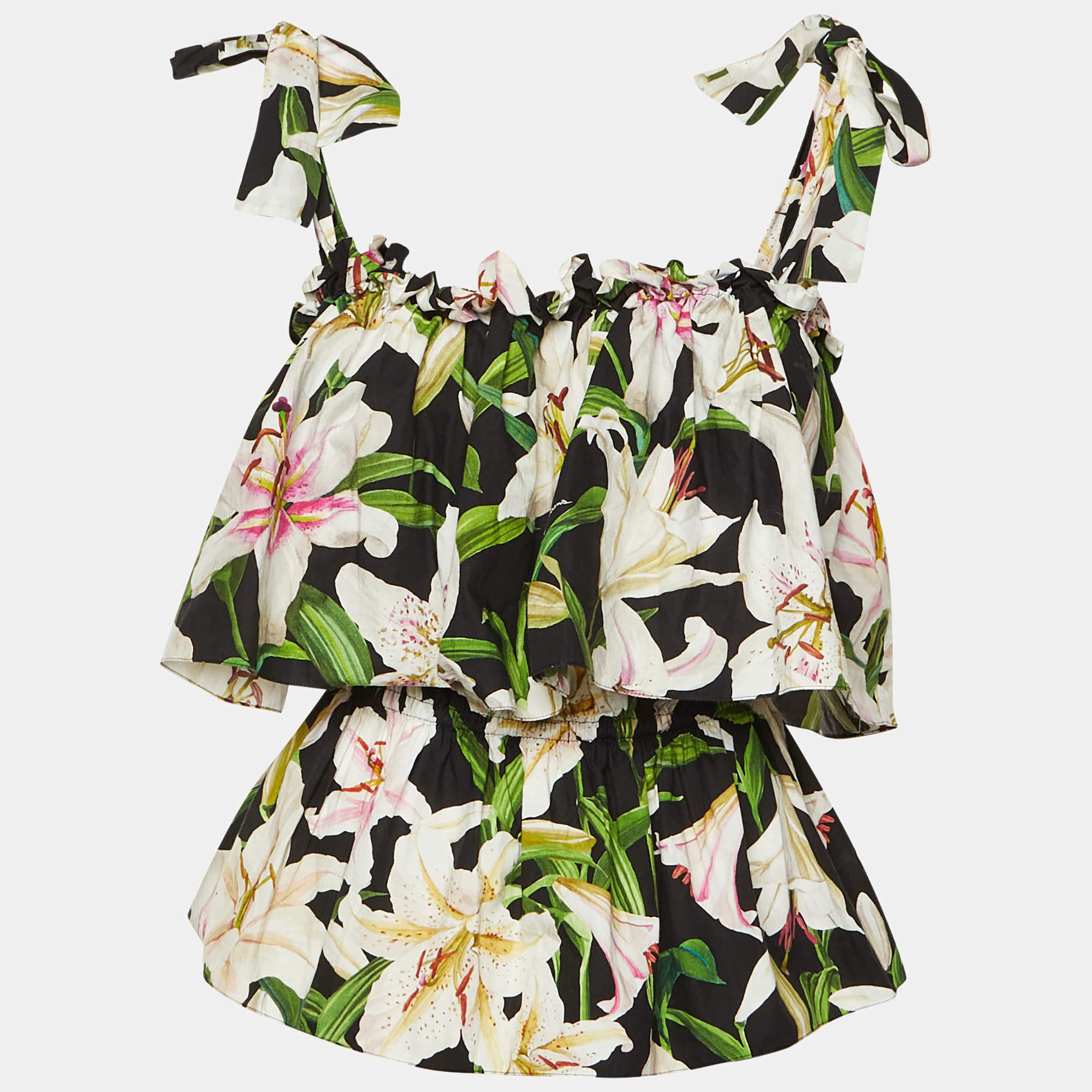 Pre Owned Dolce & Gabbana Black Poplin Print Cotton Ruffle Detail Top M