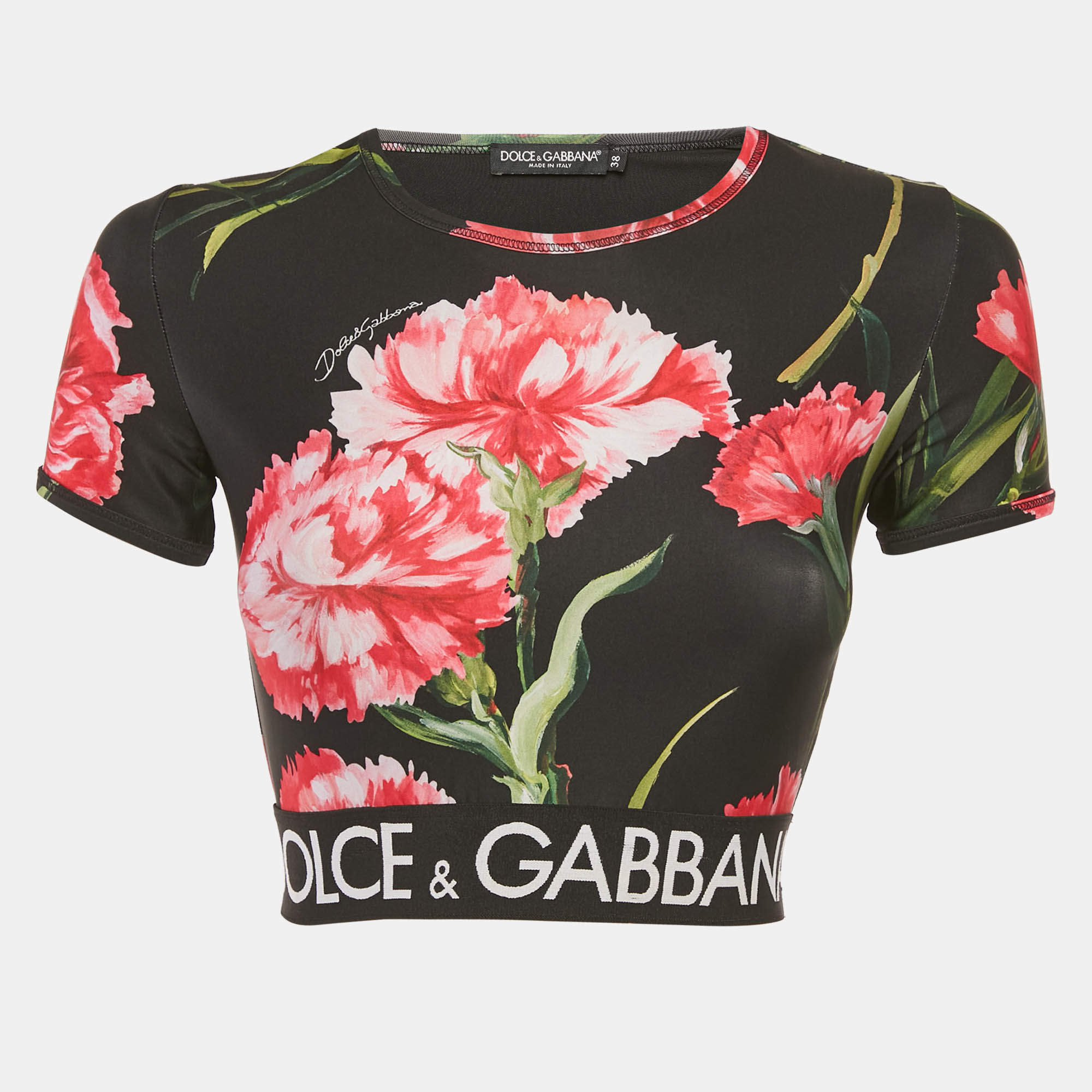 Pre Owned Dolce & Gabbana Black Floral Print Jersey Fitted Crop Top S