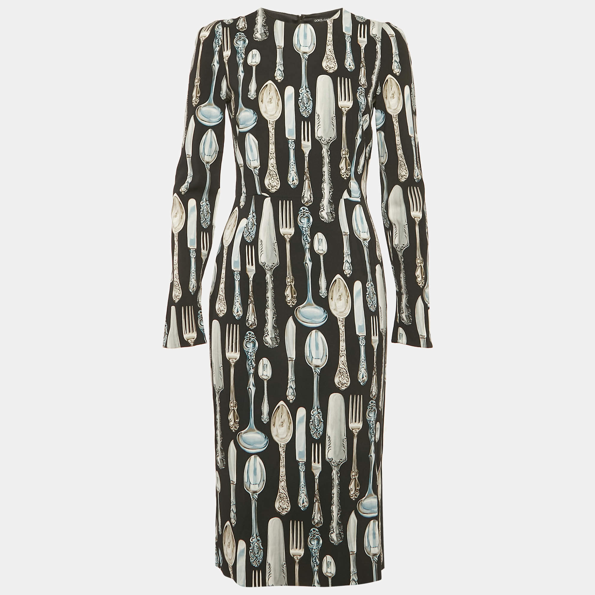 Pre Owned Dolce & Gabbana Black Cutlery Print Crepe Sheath Dress S