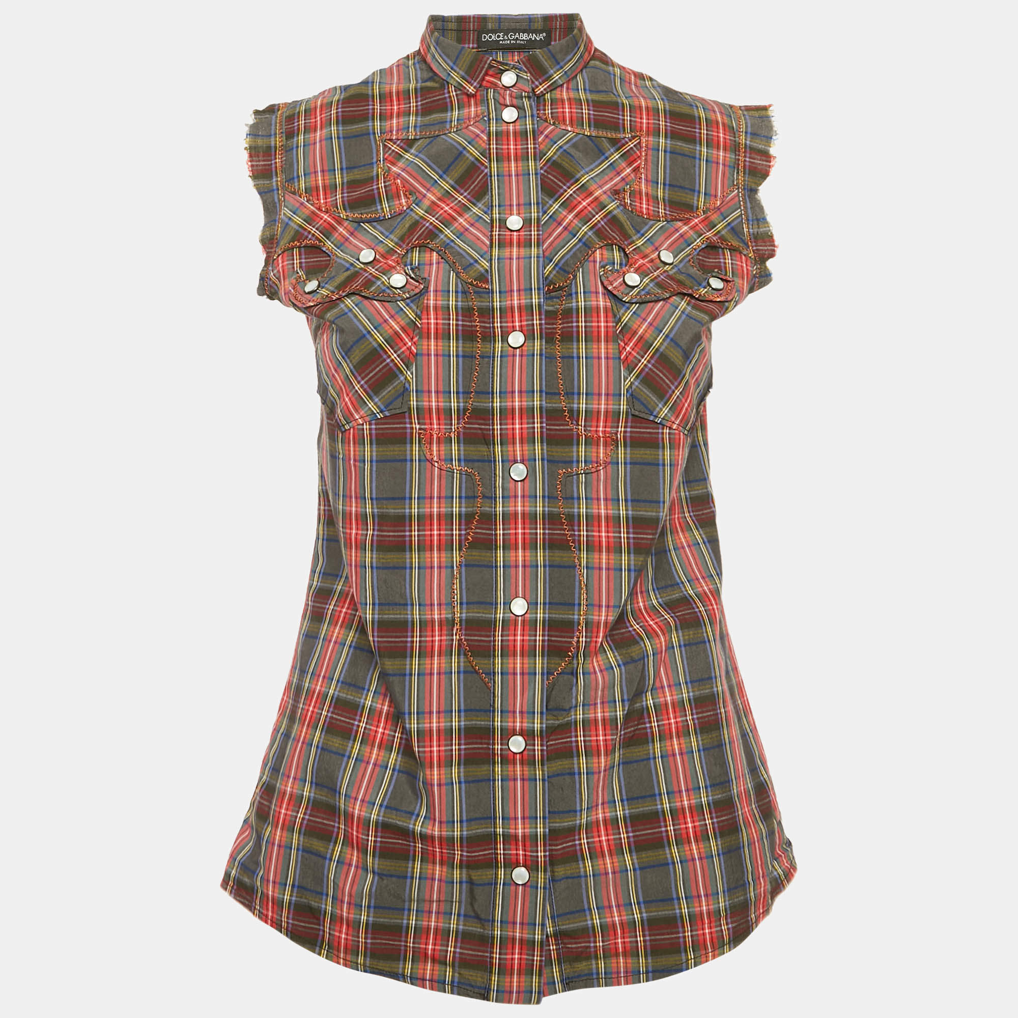 Pre Owned Dolce & Gabbana Grey/Red Plaid Cotton Pearl Snap Button Detail Sleeveless Shirt S