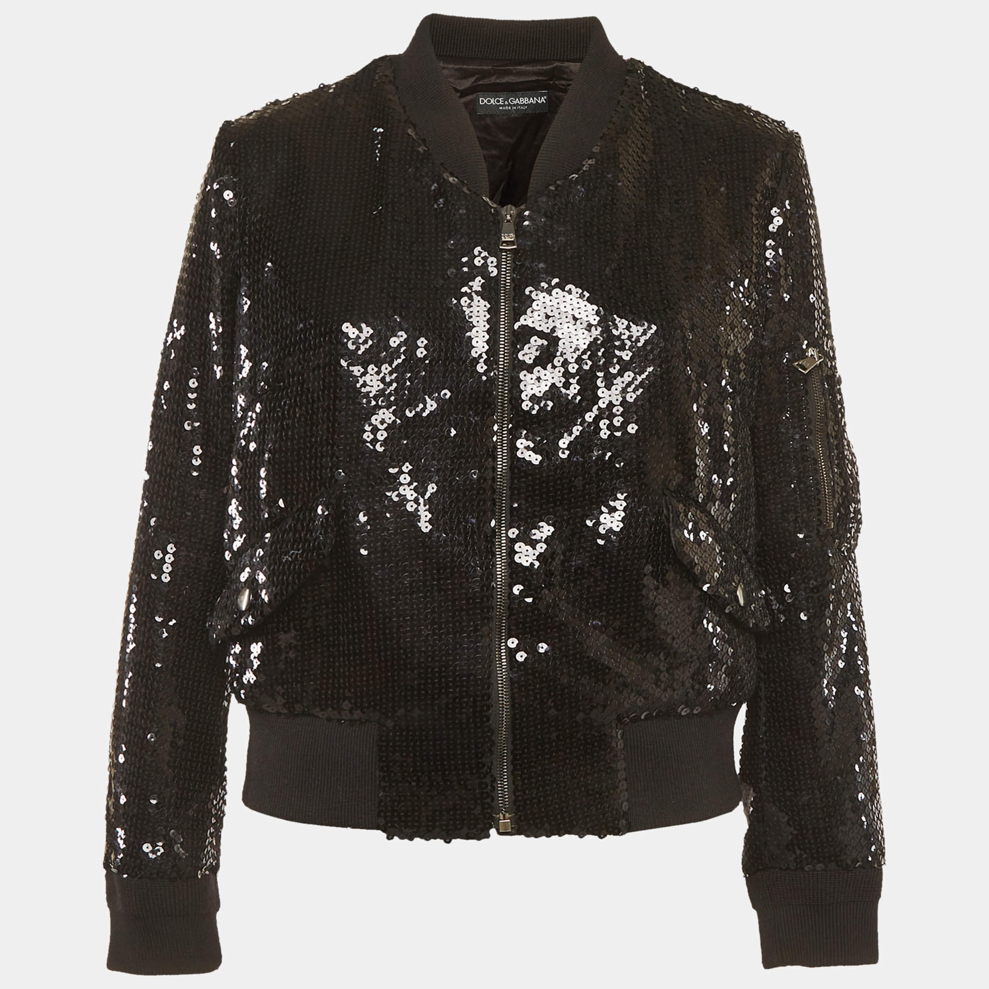 Pre Owned Dolce & Gabbana Black Sequin Bomber Jacket M