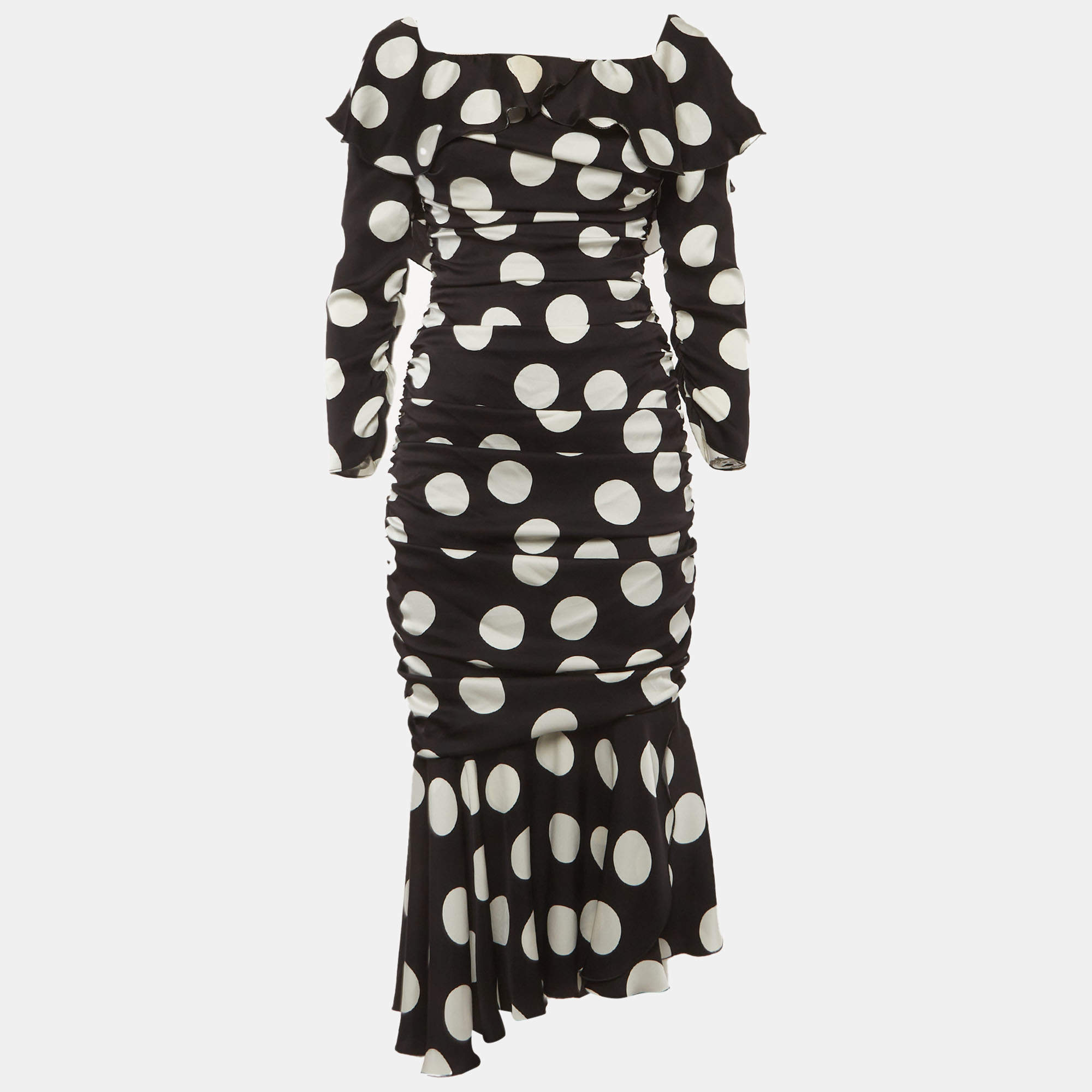 Pre Owned Dolce & Gabbana Black/White Polka Dots Satin Ruche Midi Dress M