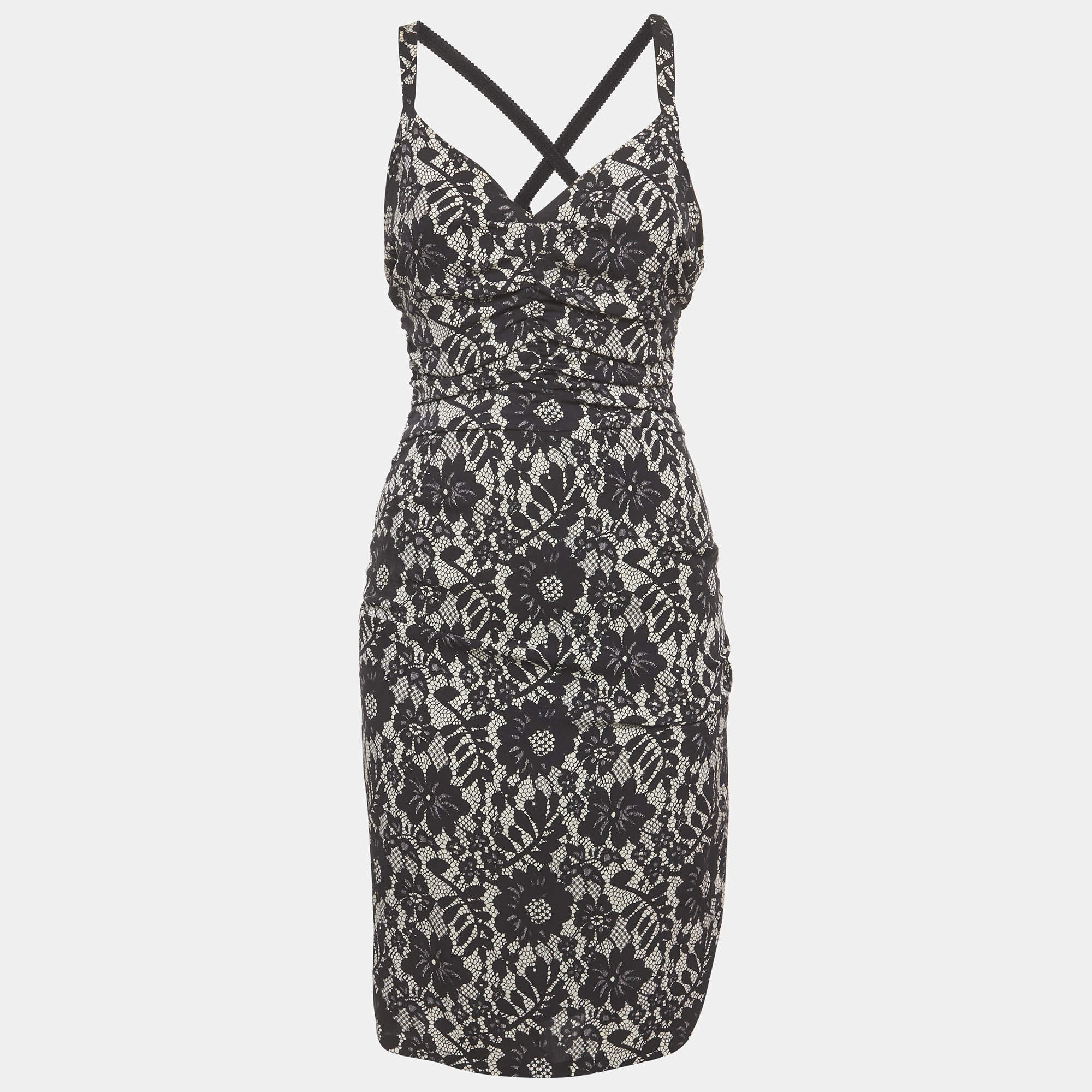 Pre Owned Dolce & Gabbana Black Lace Print Jersey Ruched Midi Dress S