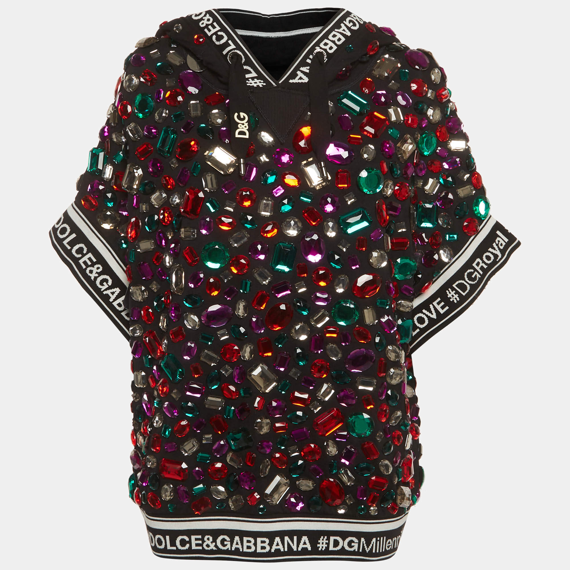 مملوكة مسبقًا Dolce & Gabbana Black Multicolour Crystal Embellished Short Sleeve Hooded Sweatshirt S