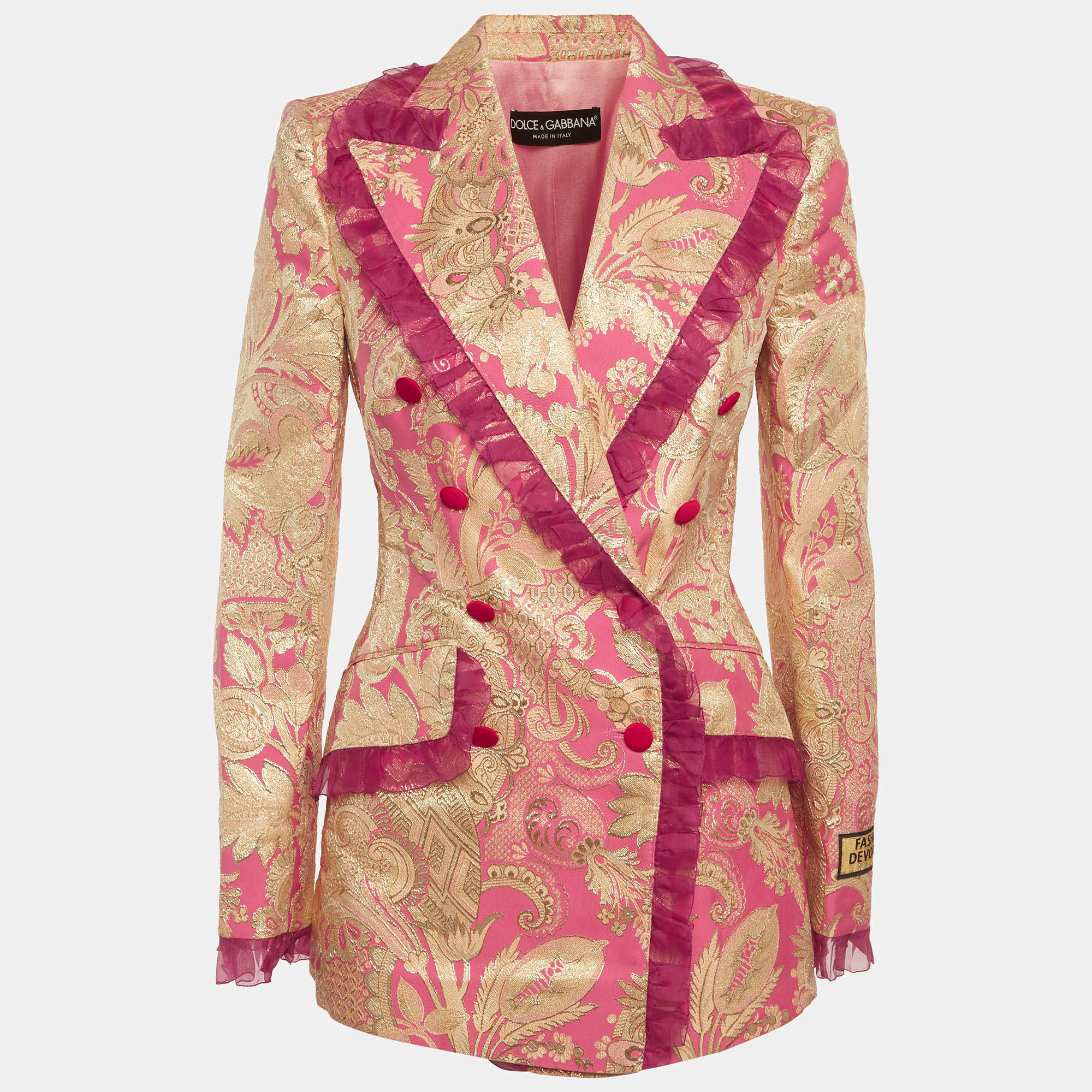 Pre Owned Dolce & Gabbana Pink/Gold Jacquard Ruffled Double Breasted Blazer S