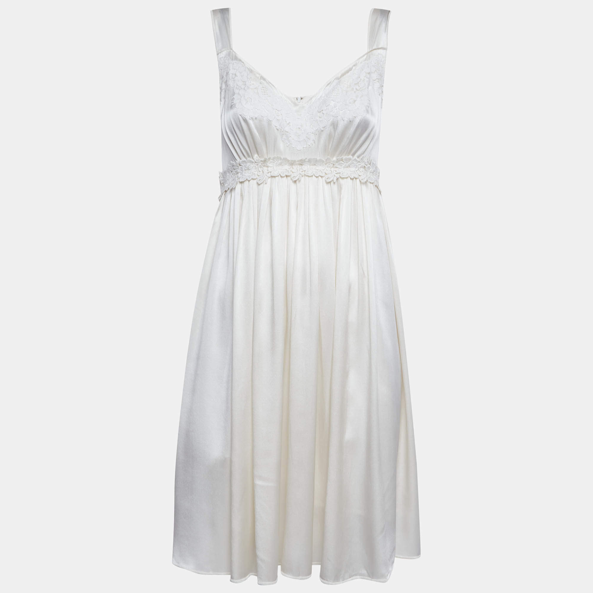 Pre Owned Dolce & Gabbana Cream Silk Lace Trimmed Mini Dress M