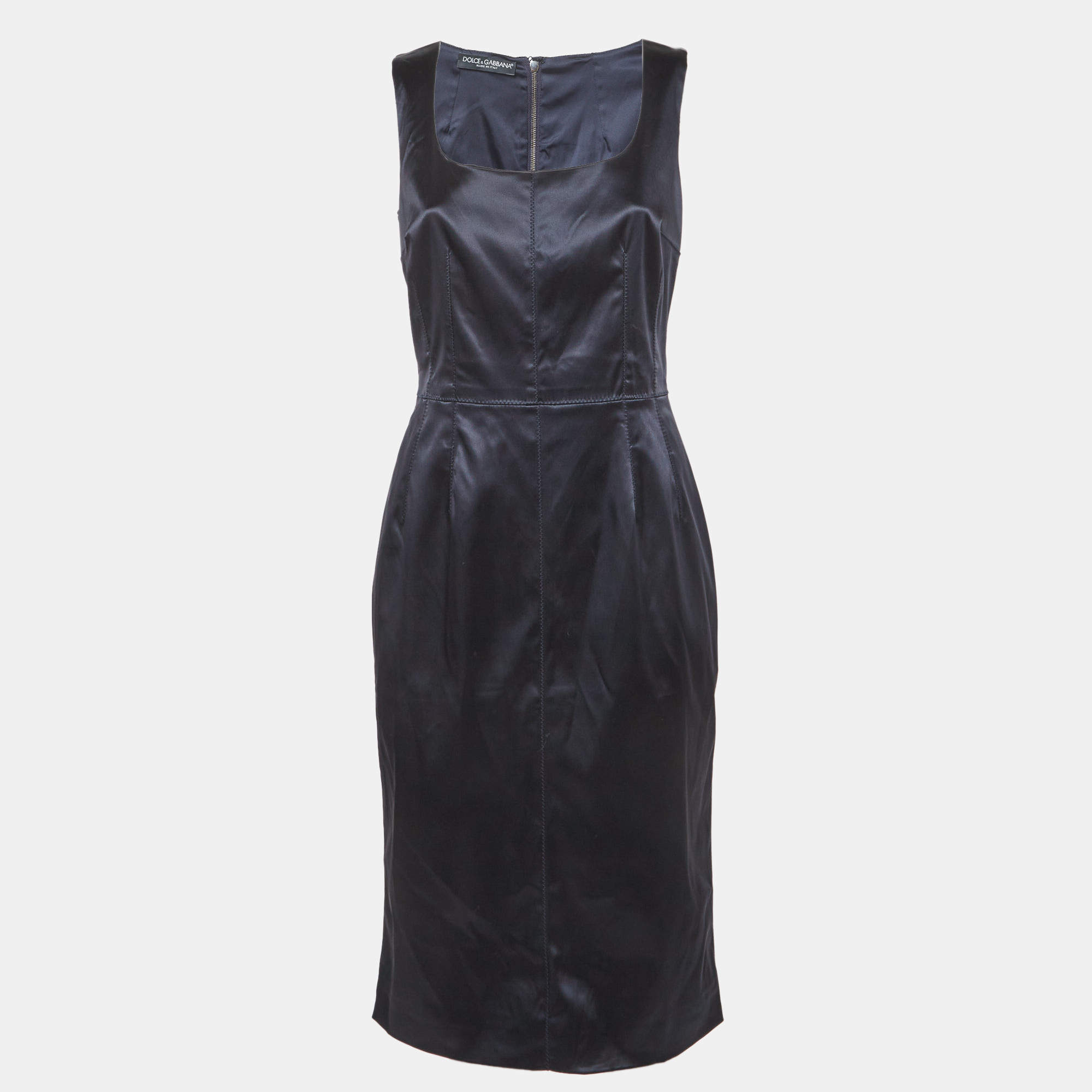 Pre Owned Dolce & Gabbana Navy Blue Satin Sheath Midi Dress M