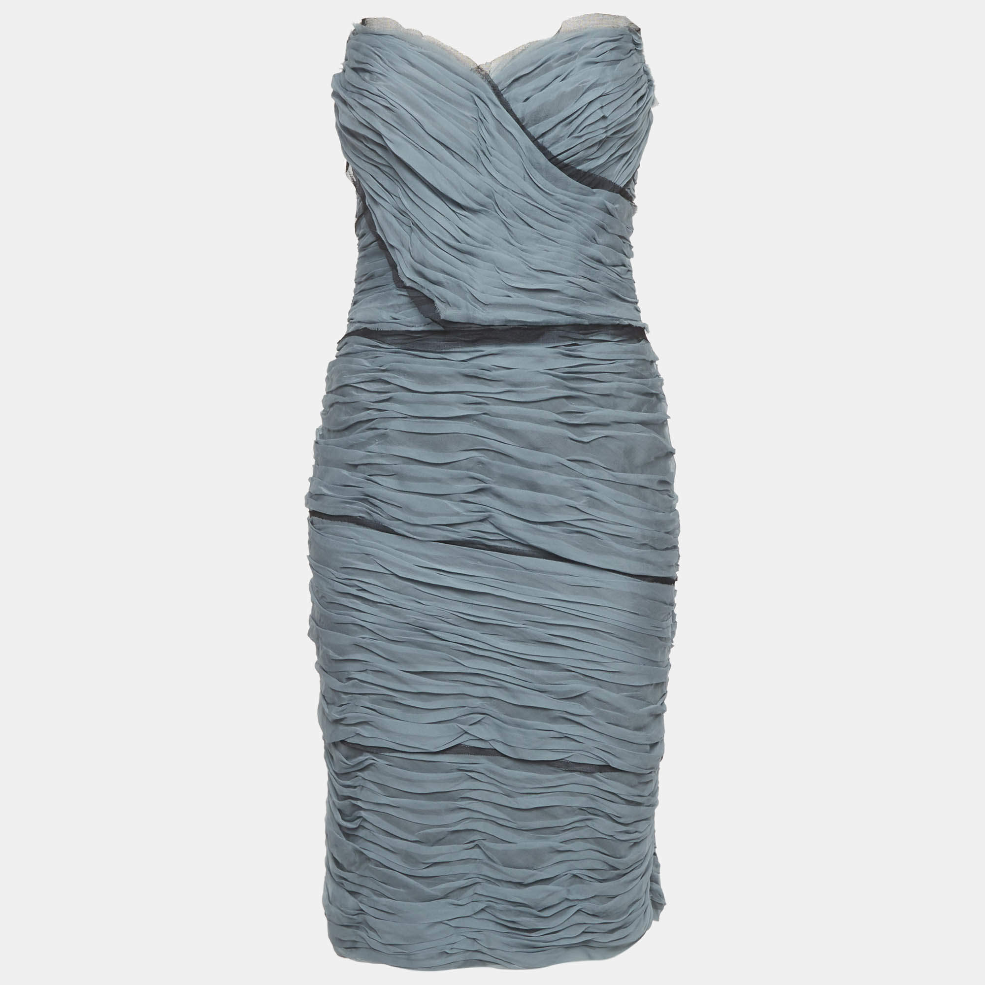 Pre Owned فستان دولتشي أند غابانا حزام مجمع حرير أزرق فاتح بدون حمالات متوسط