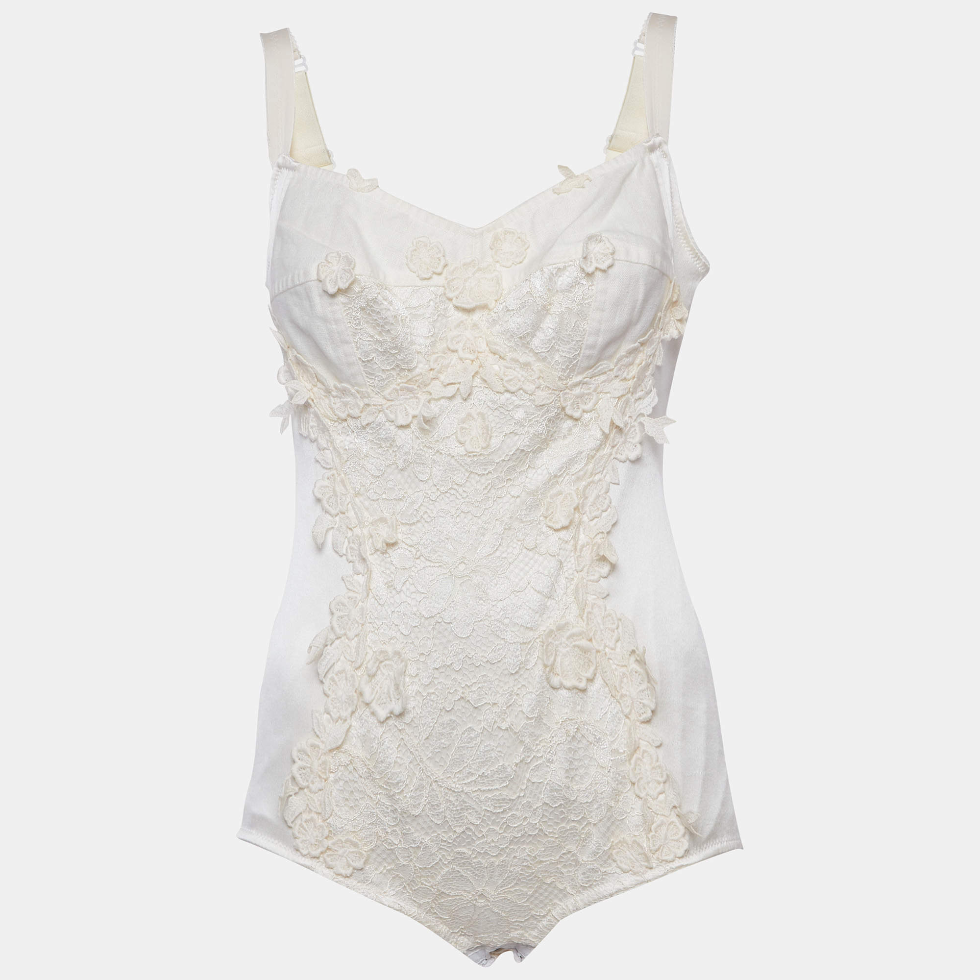 Pre Owned Dolce & Gabbana Cream Silk Blend Lace Detail Bodysuit M