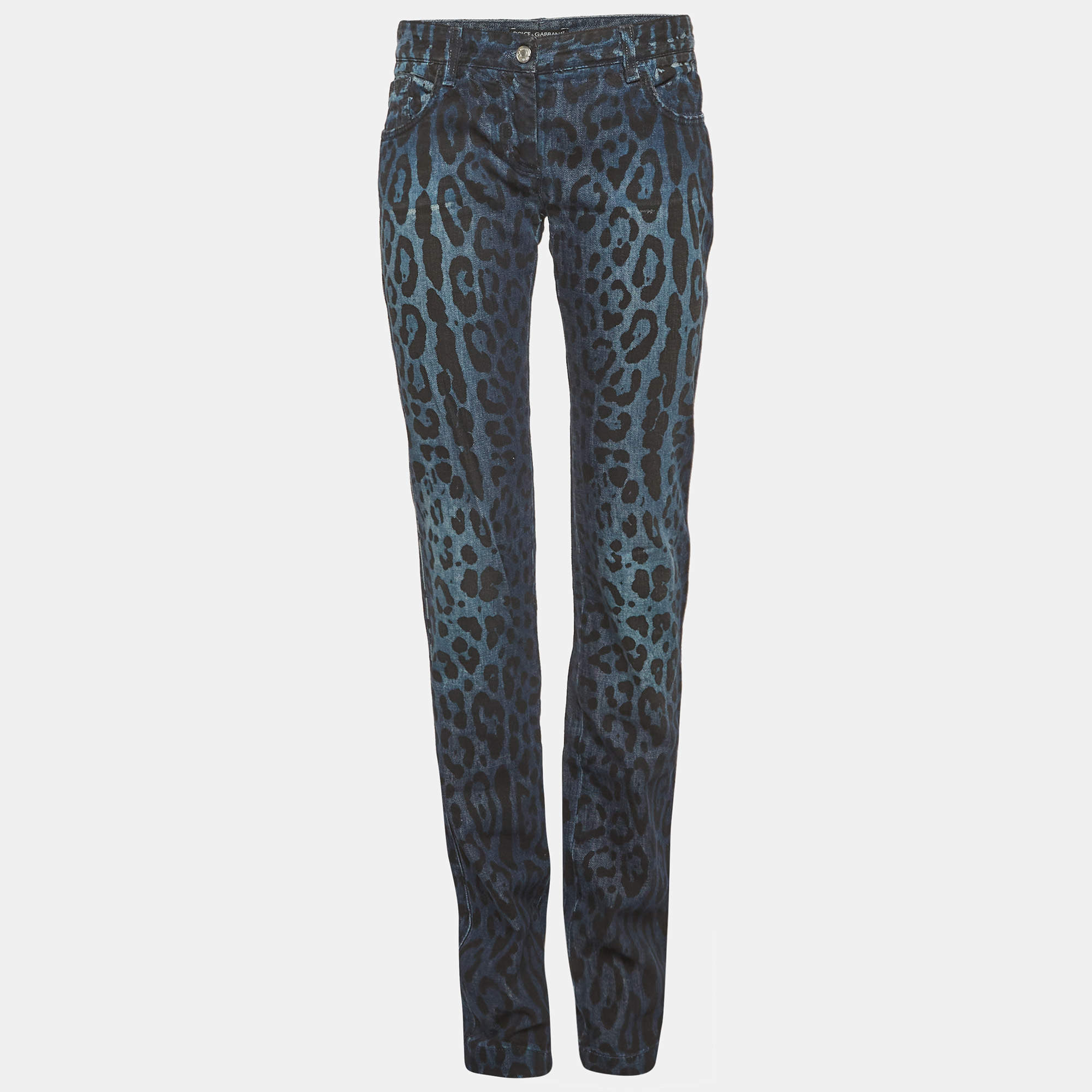 مملوكة مسبقًا Dolce & Gabbana Blue Leopard Print Slim Jeans S/Waist 28"
