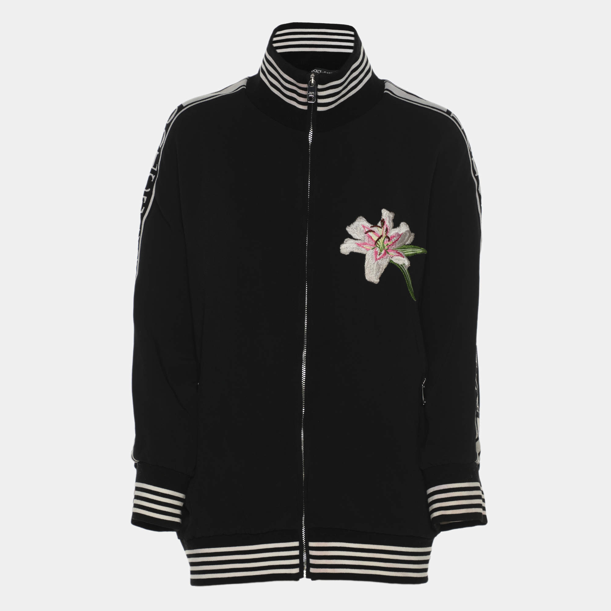 مملوكة مسبقًا Dolce & Gabbana Black Jersey Floral Embroidered Bomber Jacket L
