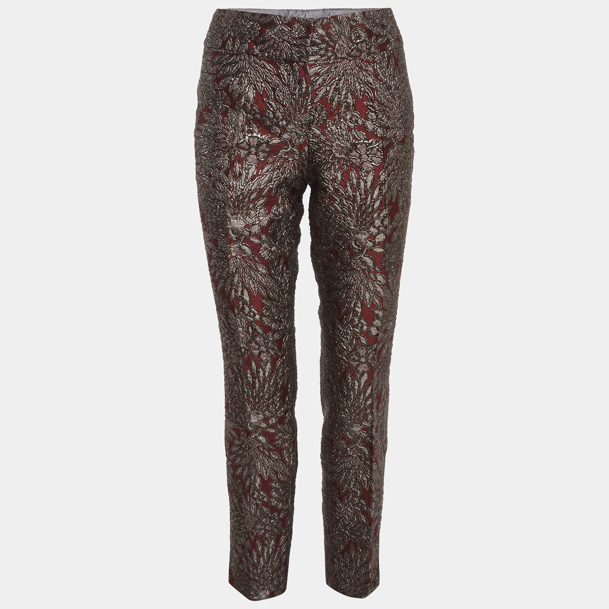 مملوكة مسبقًا Dolce & Gabbana Burgundy/Grey Floral Jacquard Straight Pants M