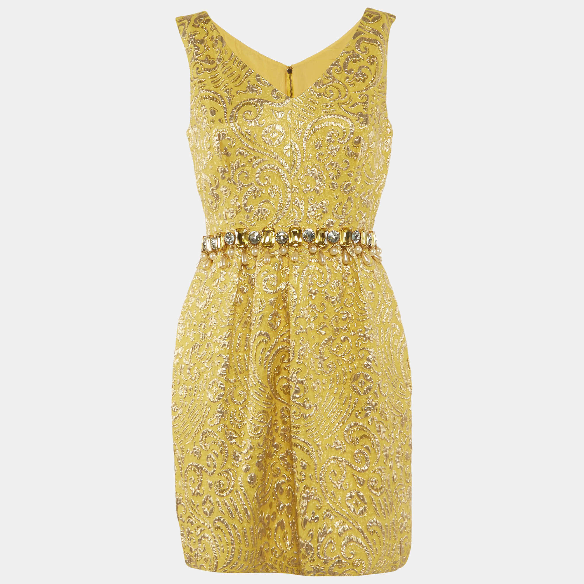 Pre Owned Dolce & Gabbana Yellow Brocade Crystal Embellished Mini Dress M