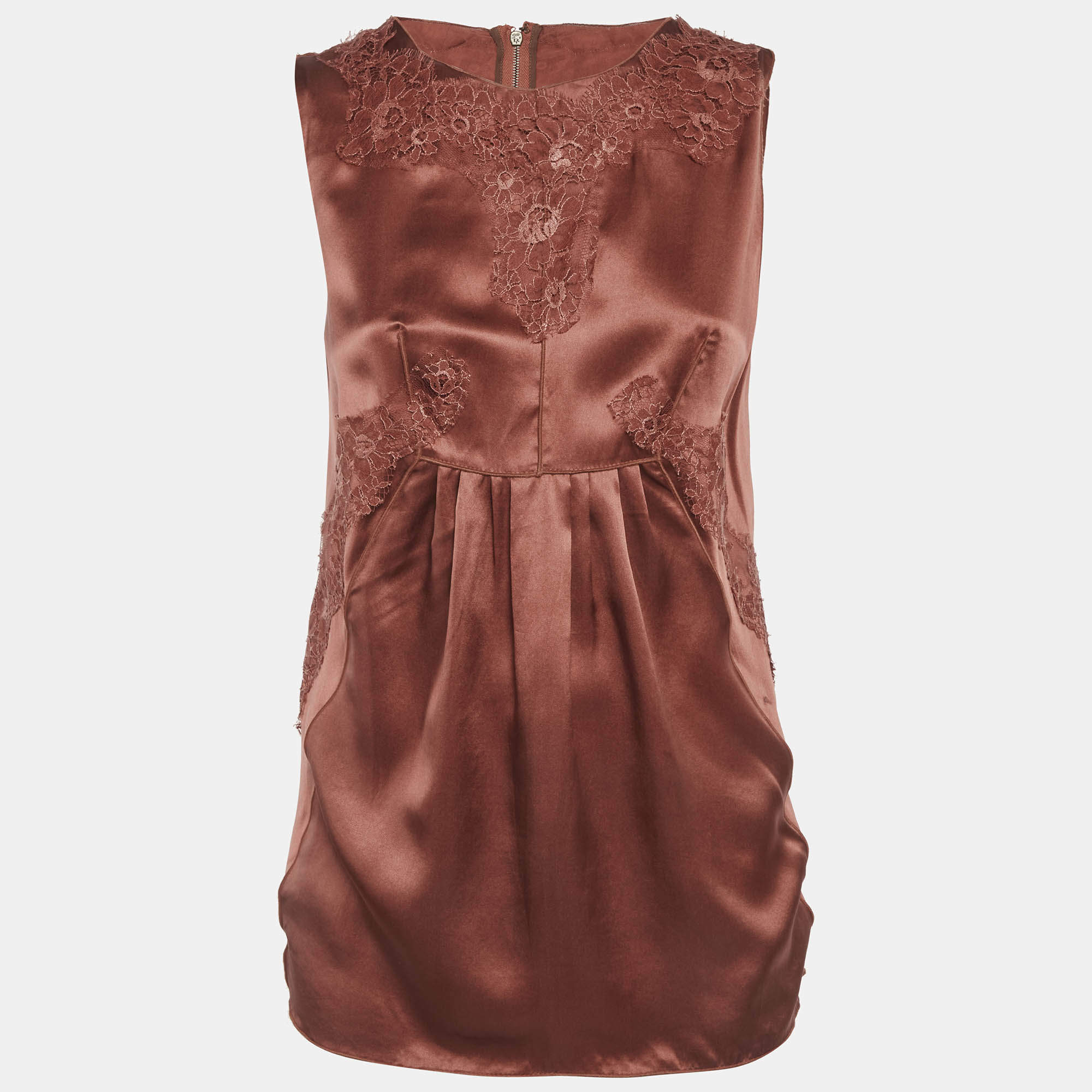 Pre Owned Dolce & Gabbana Brown Satin Lace Detail Top M