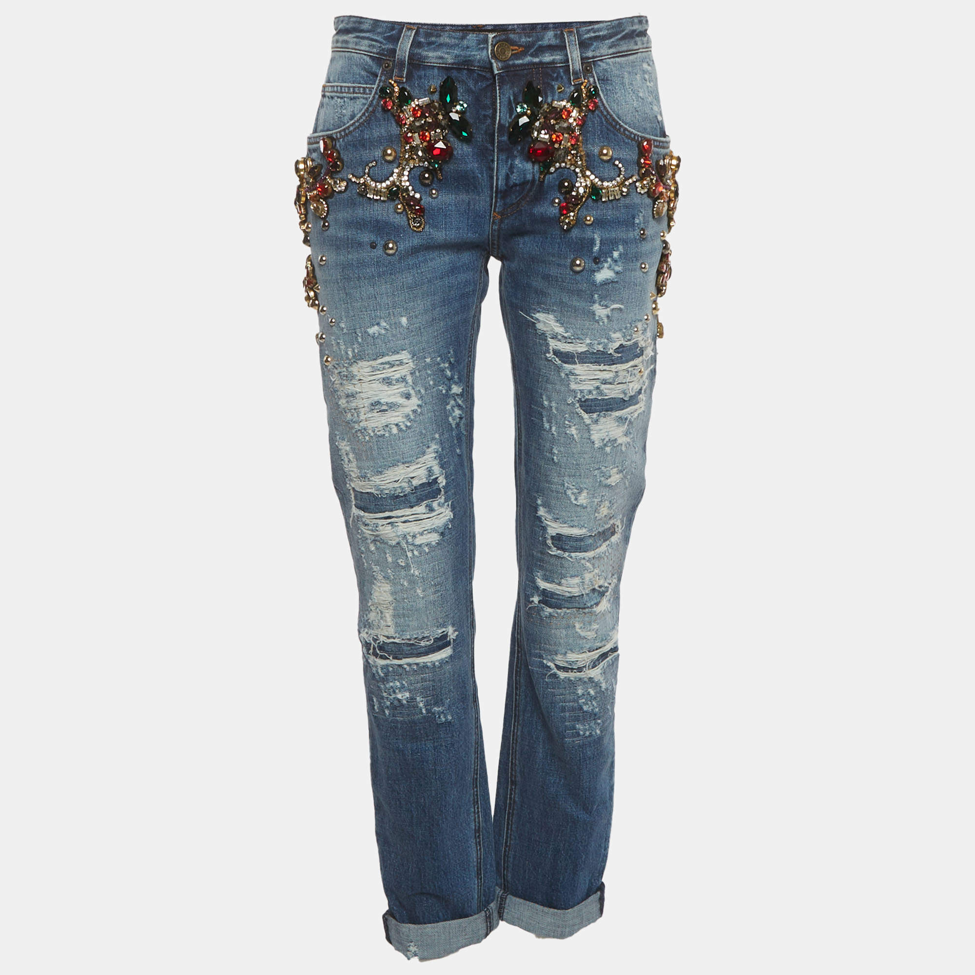 مملوكة مسبقًا بنطلون جينز دولتشي آند غابانا دينم ممزق أزرق بتفاصيل كريستال مقاس صغير - خصر 28 إنش
