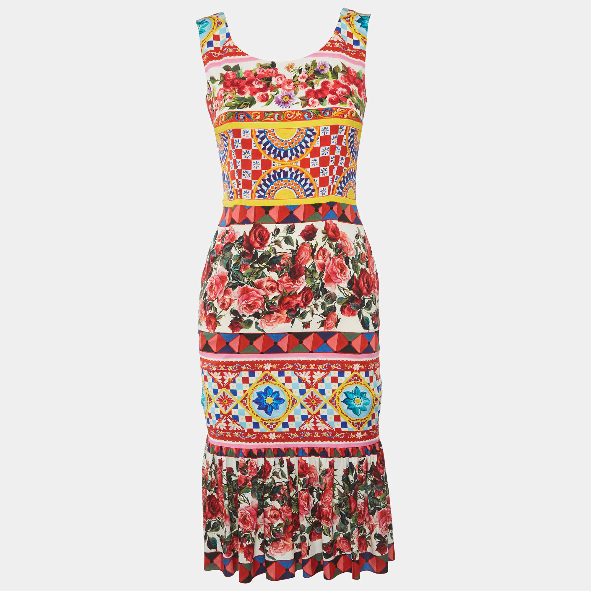 Pre Owned Dolce & Gabbana Multicolor Charmeuse Print Silk Midi Dress S