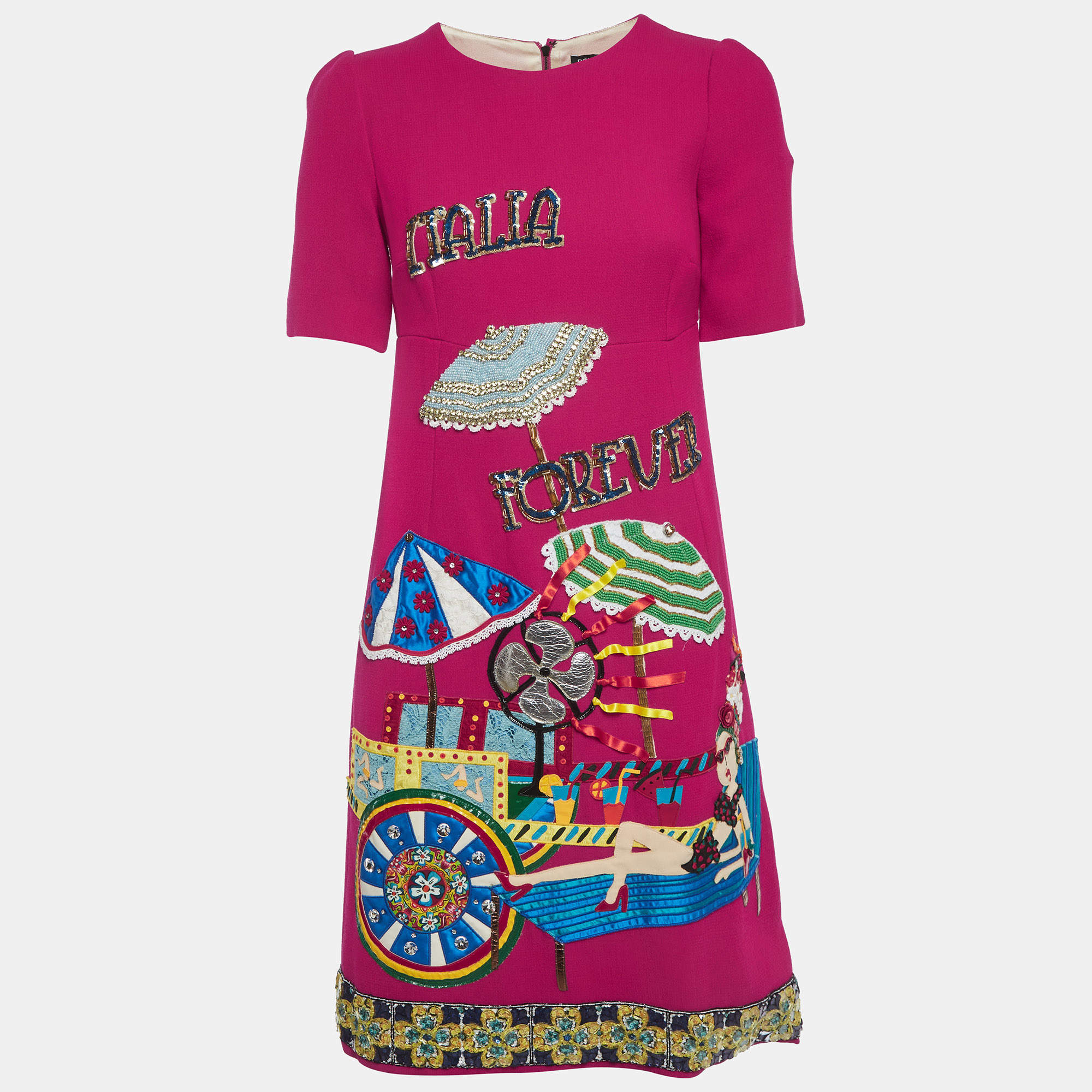 Pre Owned Dolce & Gabbana Pink Embellished Crepe Sheath Dress S