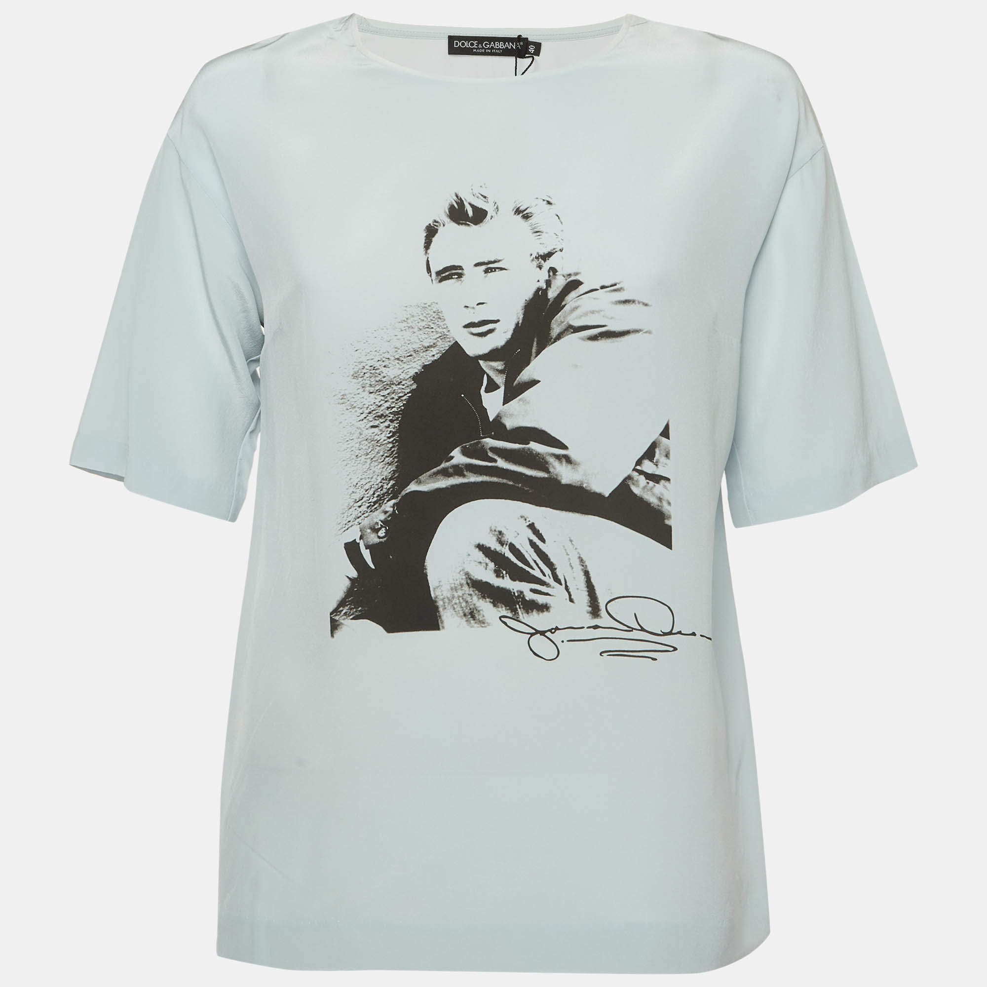 Pre Owned قميص حرير مطبوع أبيض دولتشي أند غابانا x جيمس دين مقاس صغير (سمول)