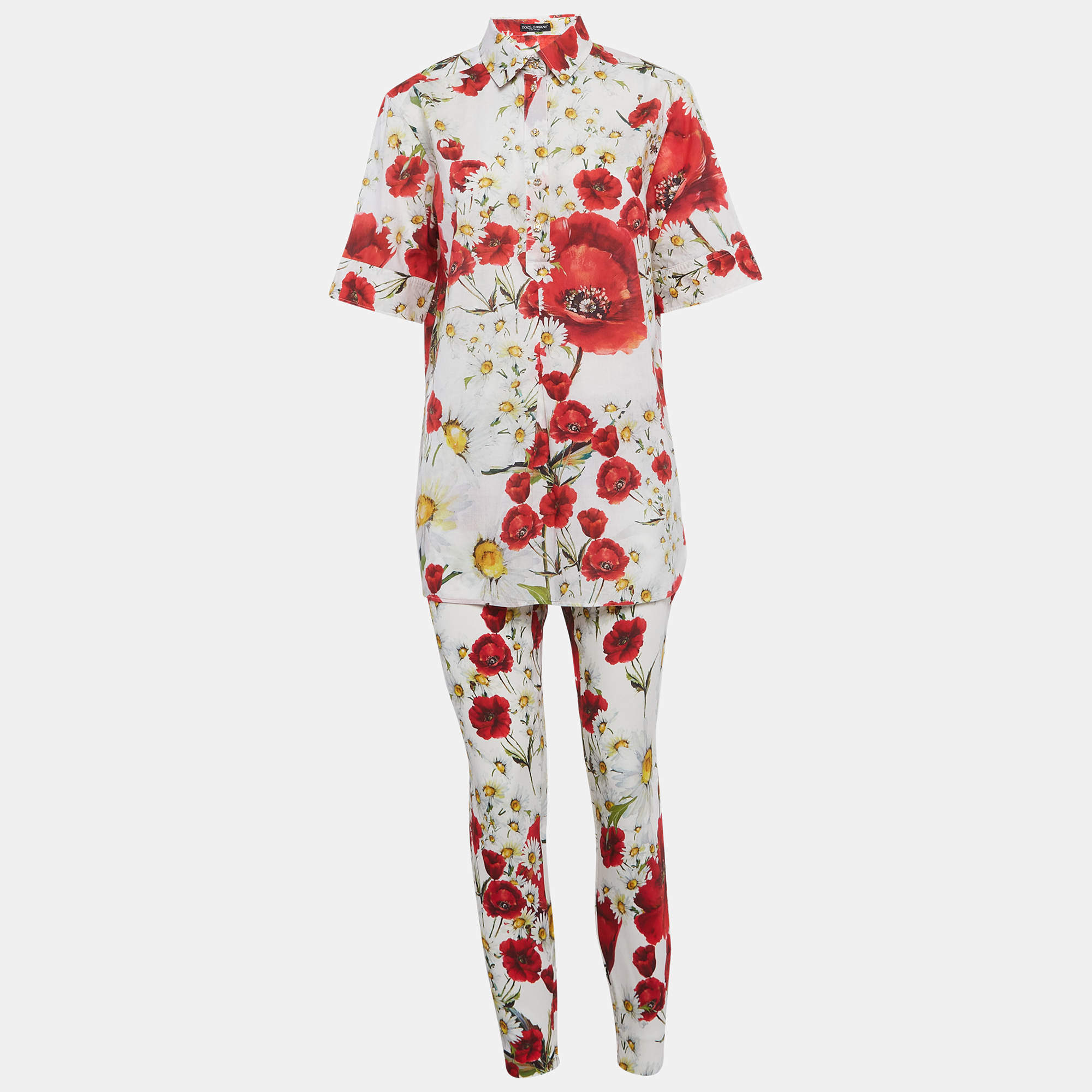Pre Owned Dolce & Gabbana White Floral Print Cotton and Stretch Crepe Shirt and Pants Suit M/L