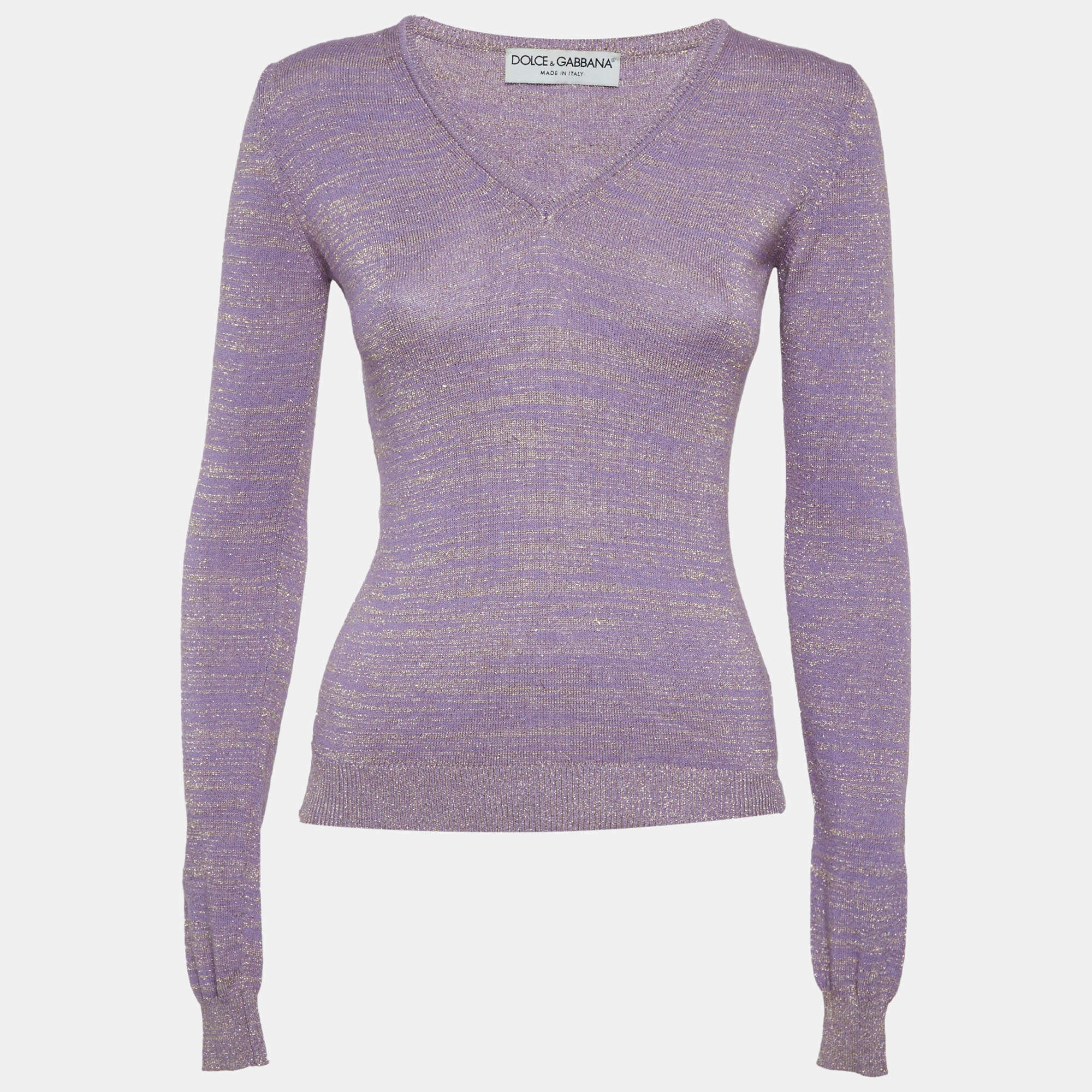 Pre Owned Dolce & Gabbana Purple Lurex Knit V-Neck Sweater S