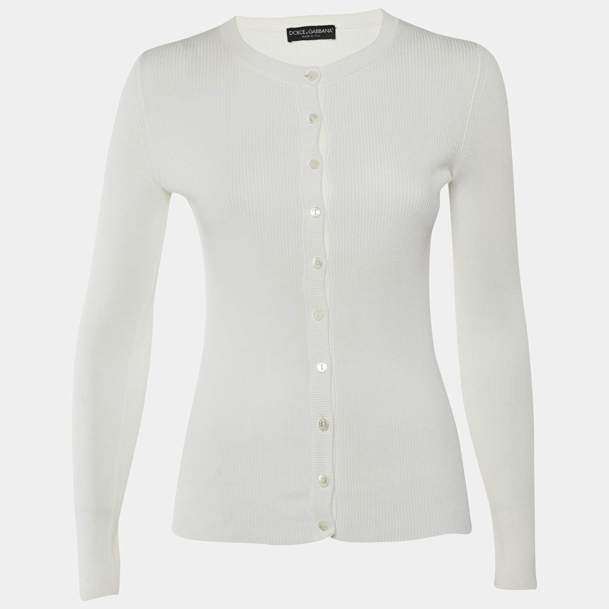 مملوكة مسبقًا كارديجان دولتشي آند غابانا محبوك باللون الأبيض مع أزرار في الأمام مقاس متوسط