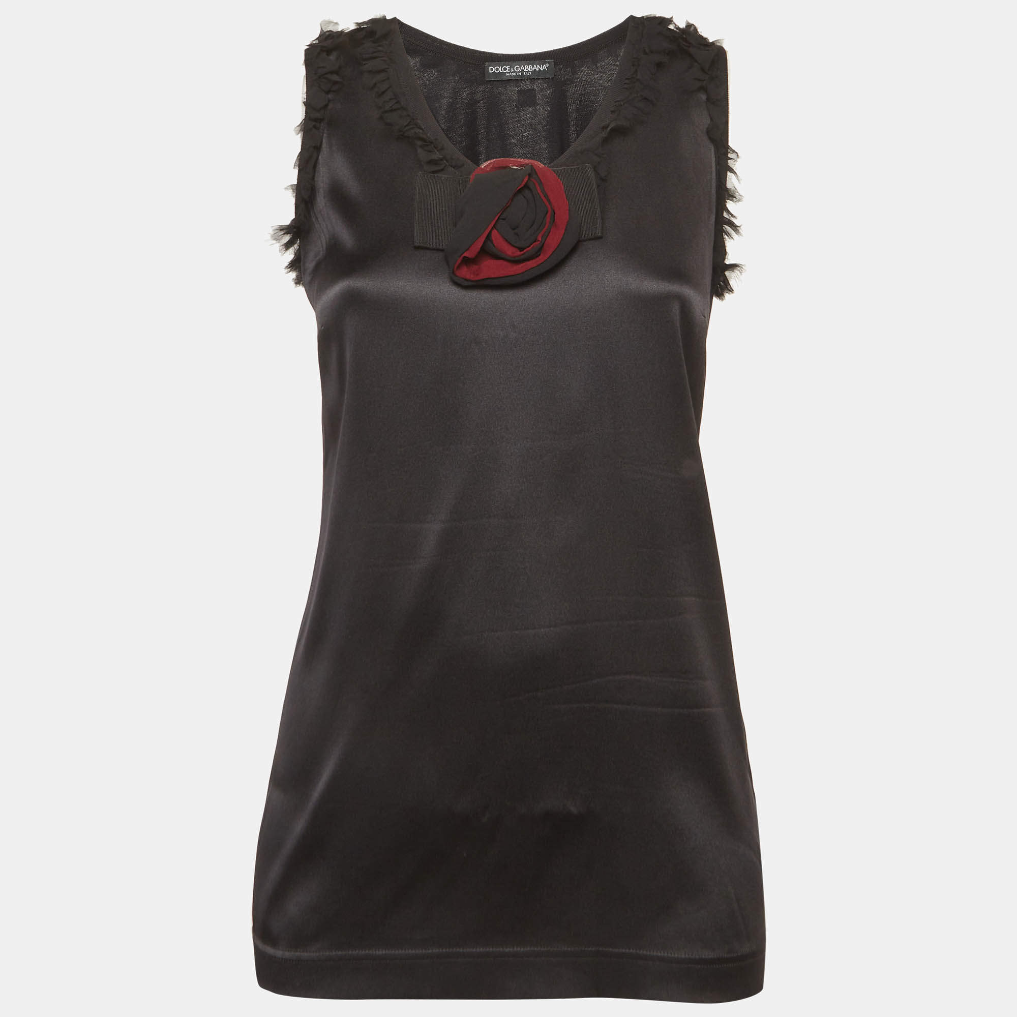 مملوكة مسبقًا Dolce & Gabbana Black Satin Bow Detail Sleeveless Top S