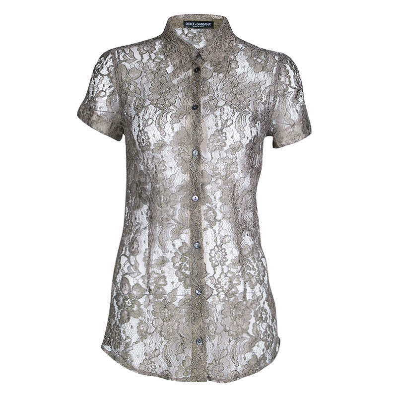 Dolce & Gabbana Khaki Floral Lace Short Sleeve Shirt S