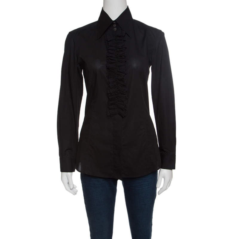 Pre Owned Dolce & Gabbana Black Cotton Ruffle Front Detail Shirt M