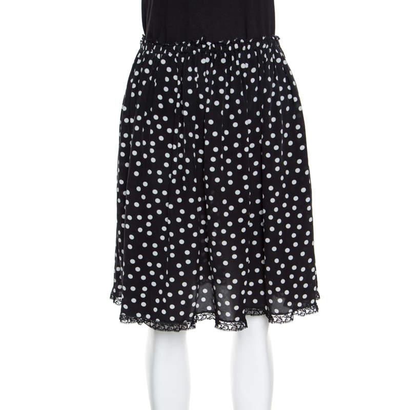 Pre Owned Dolce & Gabbana Monochrome Polka Dotted Lace Trim Silk Skirt M