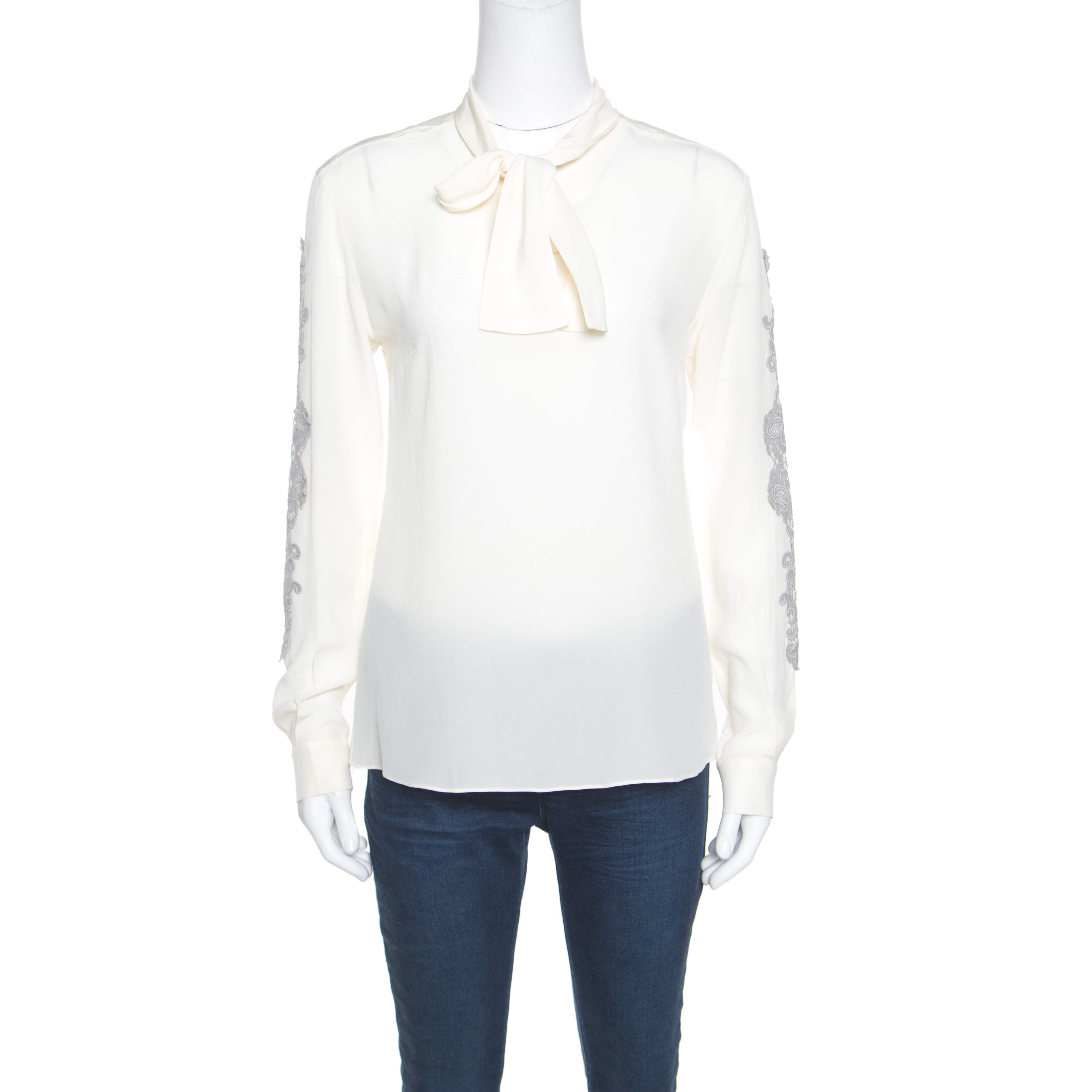 Dolce & Gabbana Cream Silk Lace Applique Bow Tie Detail Blouse S