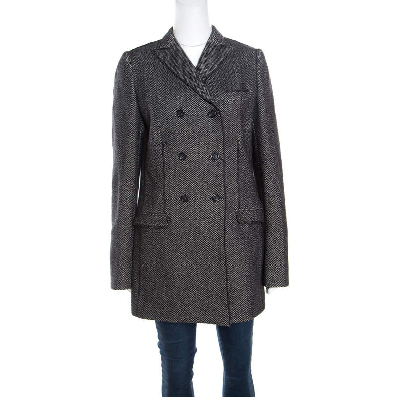 Dolce & Gabbana Monochrome Chevron Pattern Wool and Silk Coat M