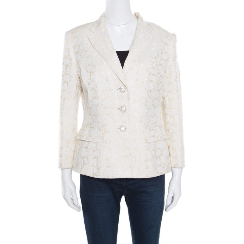 Pre Owned Dolce & Gabbana Cream Floral Jacquard Embellished Button Blazer L