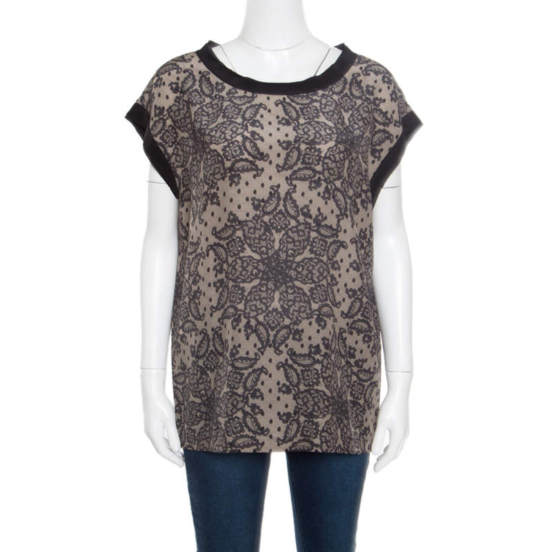 Pre Owned Dolce & Gabbana Beige and Black Lace Printed Silk Raw Edged Top M