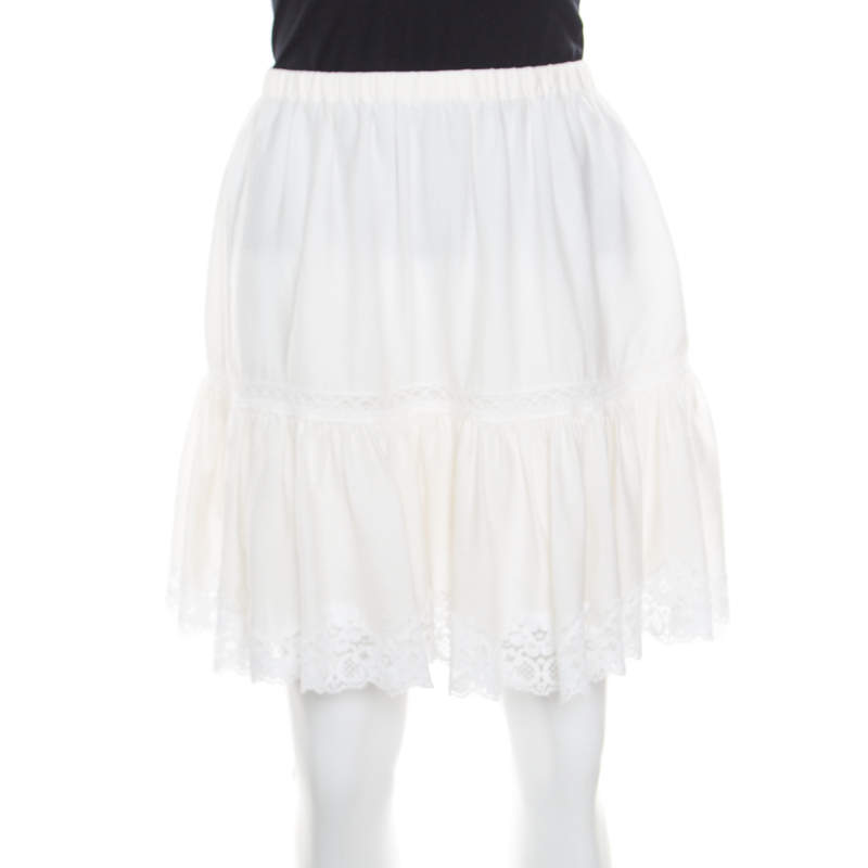 Pre Owned Dolce & Gabbana Cream Crinkled Cotton Silk Lace Insert Tiered Skirt M