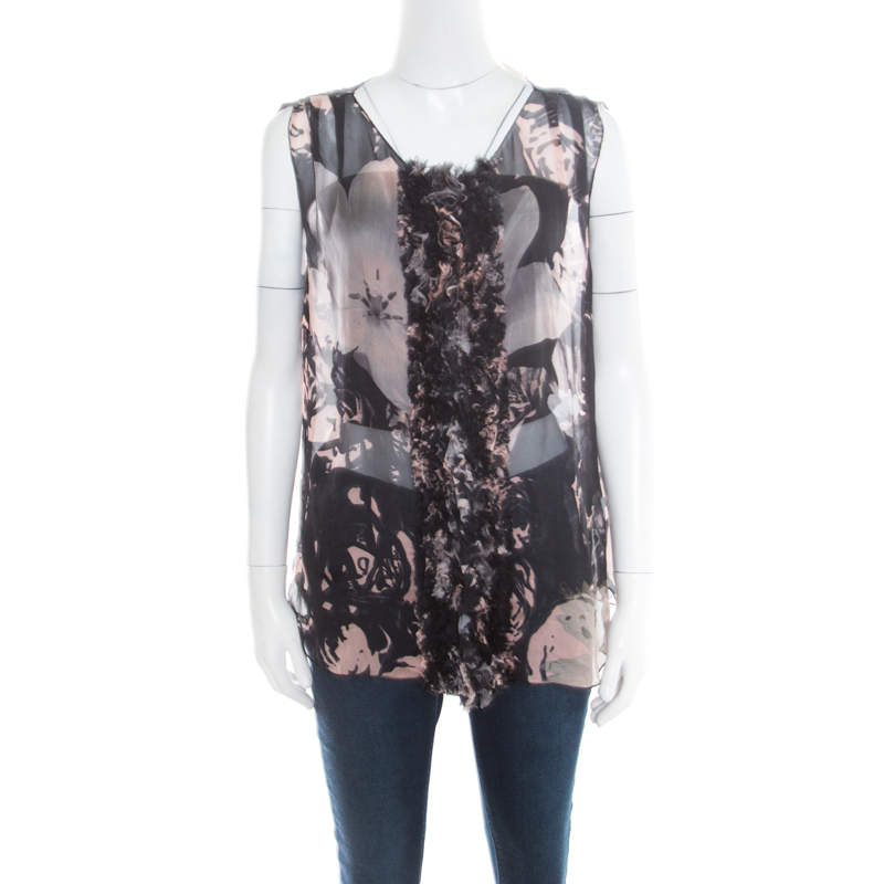 Pre Owned Dolce & Gabbana Black Floral Printed Sheer Silk Ruffled Applique Detail Sleeveless Top M