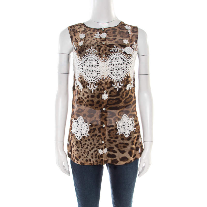 Pre Owned Dolce & Gabbana Leopard Printed Silk Contrast Lace Insert Sleeveless Top M