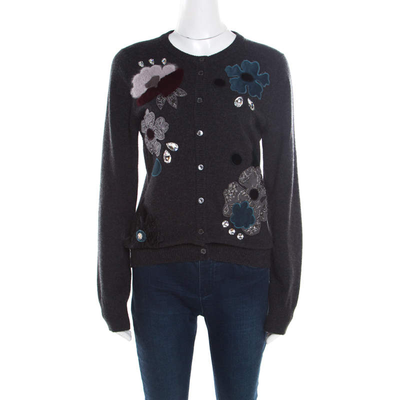 Dolce & Gabbana Grey Embellished Floral Applique Detail Cashmere Cardigan M
