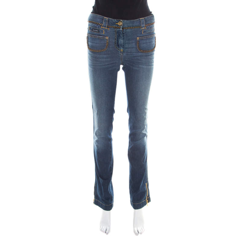 Pre Owned بنطلون جينز دولشي أند غابانا نمط باهت مزين بسلسلة أزرق داكن S